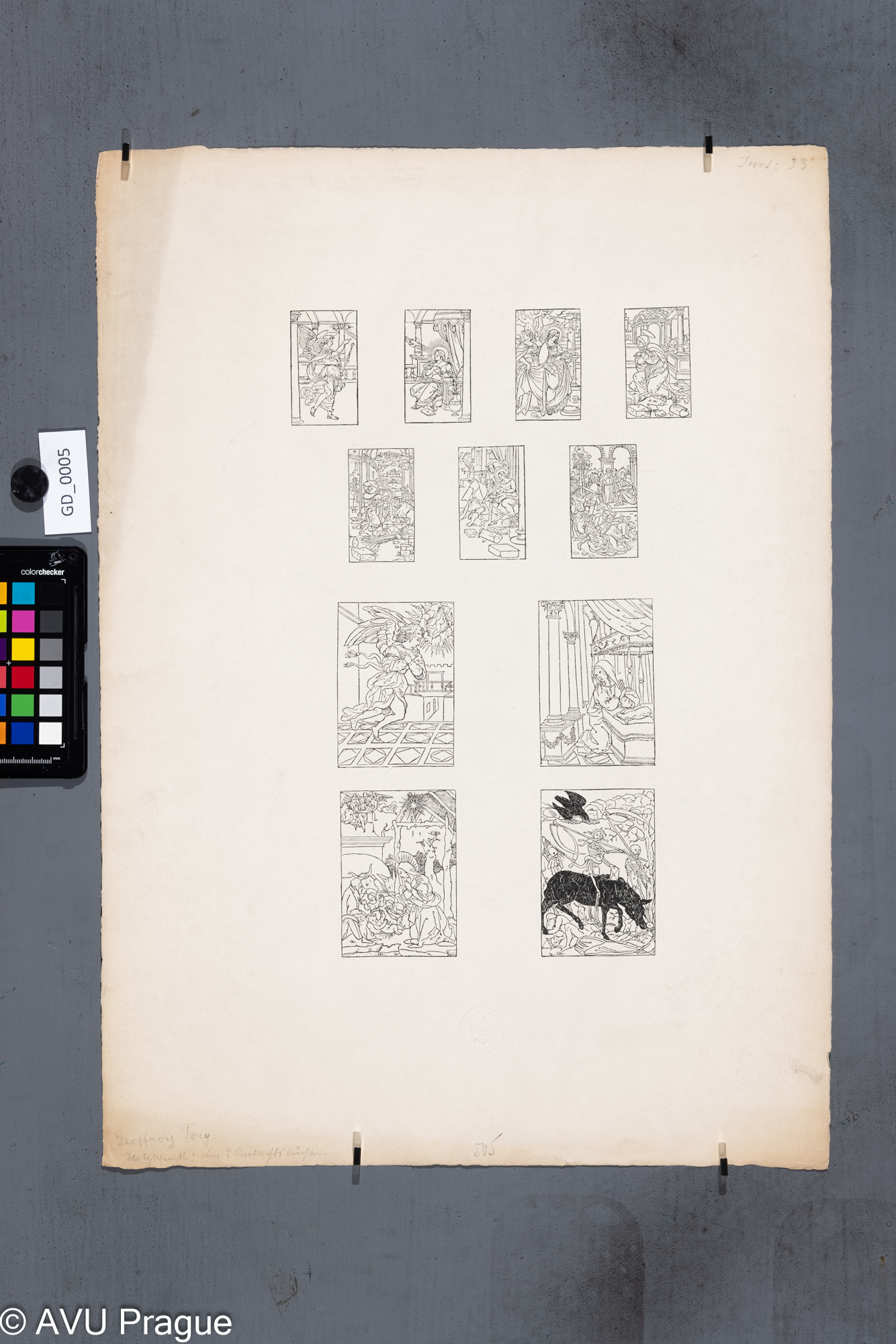 Geofgroy Tory, 11 výjevů ze života Marie; dřevořez, 7x  6,2x3,5 a 4x 9x6,2, papír - 55 x 39; 19.stol- Facsimile, reprodukction der Reichsdruckerei Berlin; C.K.AKADEMIE V PRAZE / K.K. KUNST AKADEMIE PRAG