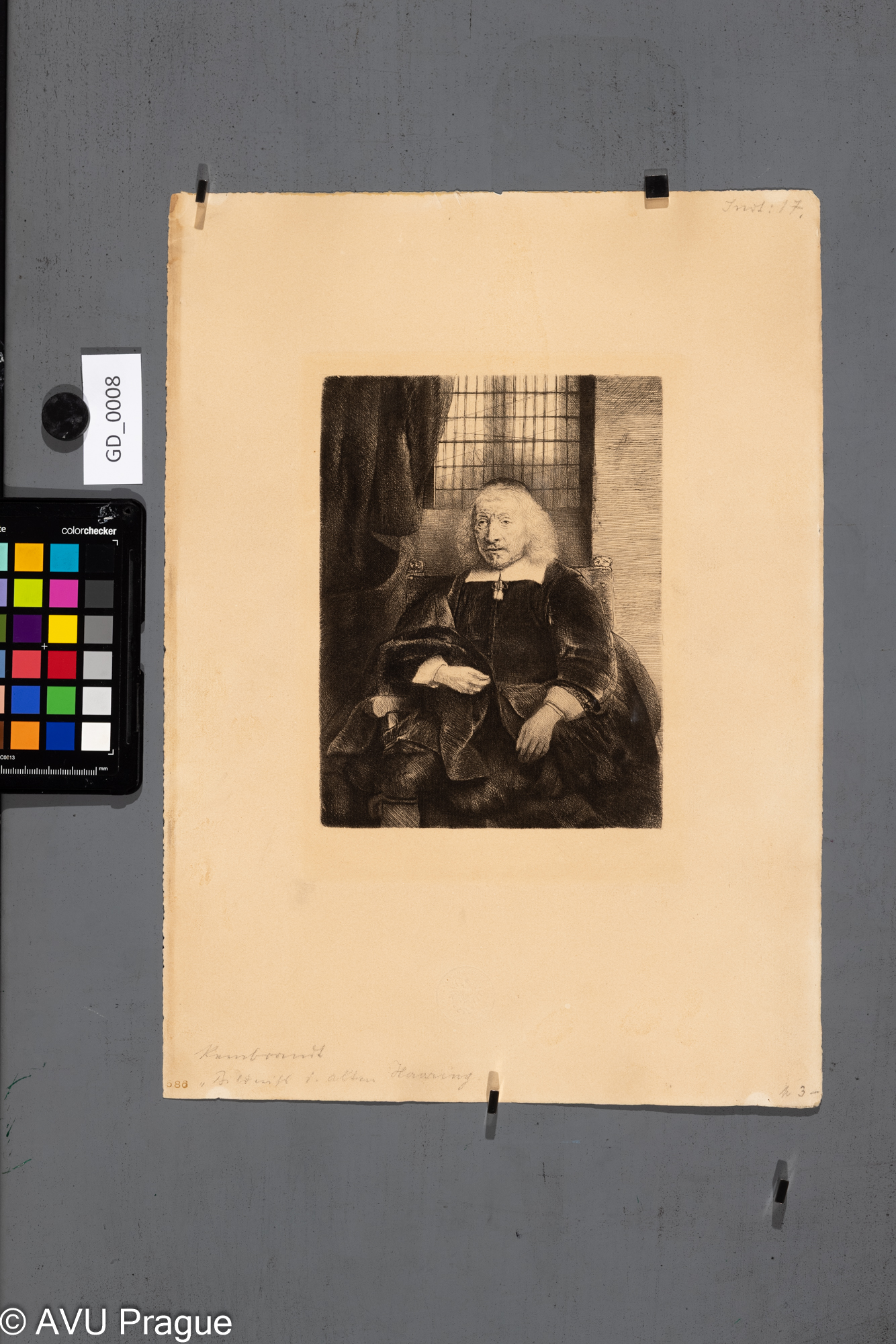 Rembrandt van Rijn, Portrét starého muže, lept, 22,5 x 16,4, papír - 38,5 x 27,5; 19.stol- Facsimile, reprodukction der Reichsdruckerei Berlin; C.K.AKADEMIE V PRAZE / K.K. KUNST AKADEMIE PRAG