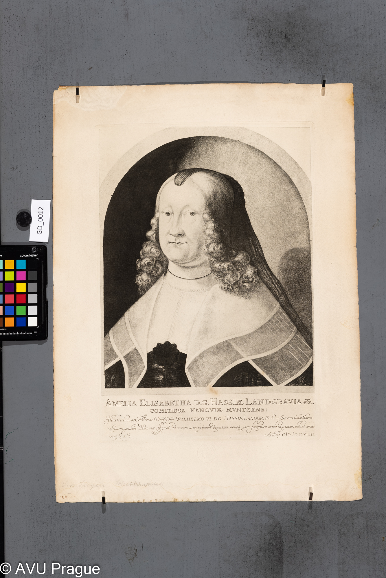 Ludvig von Siegen, Amálie Alžběta z Hanau-Münzenbergu (von hessen) (1602 – 1651), 1643 - originál, mezzotinta, 41,5 x  28,8, papír - 54,4 x 39,5; 19.stol- Facsimile, reprodukction der Reichsdruckerei Berlin; C.K.AKADEMIE V PRAZE / K.K. KUNST AKADEMIE PRAG