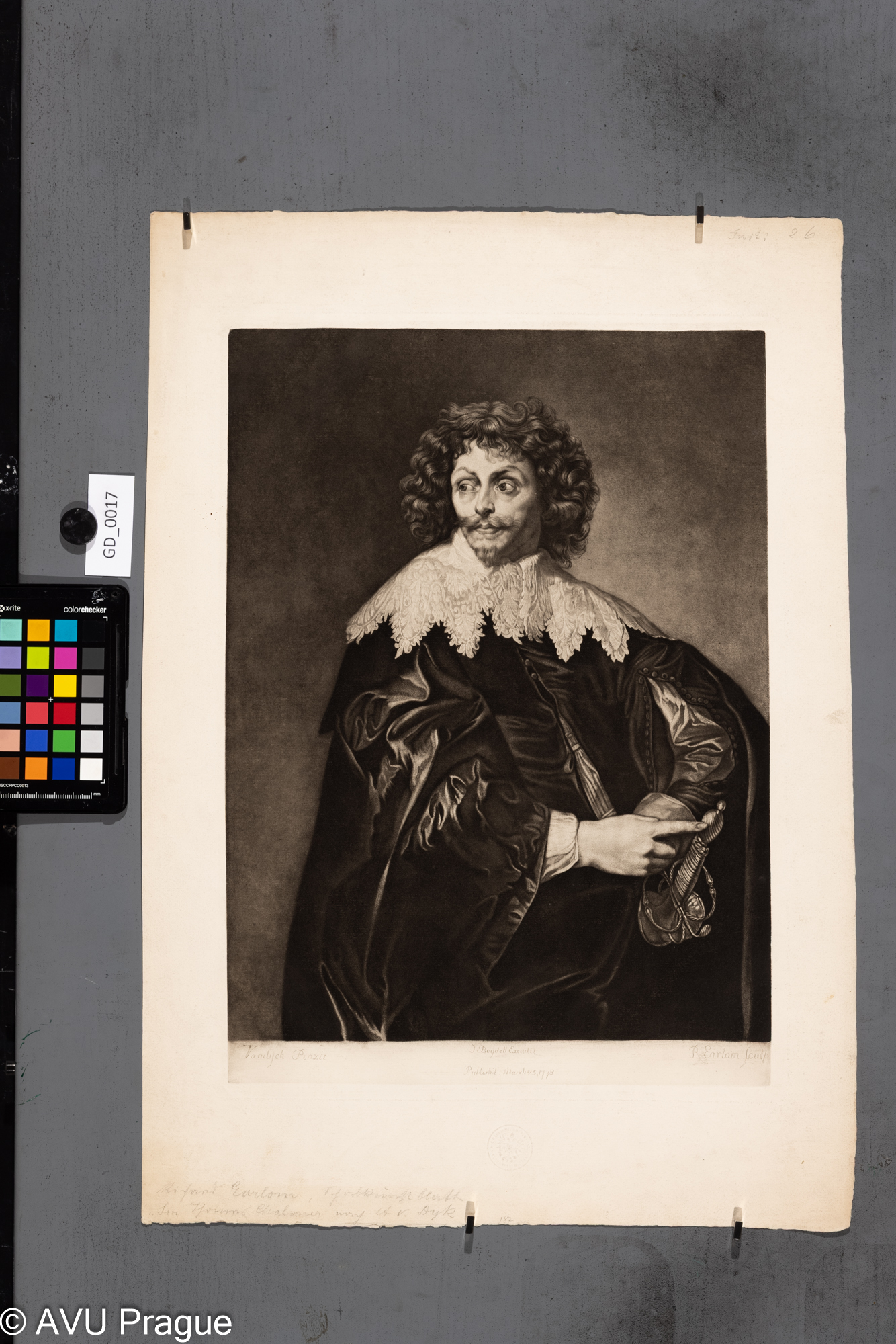 Richard Earlon, Sir Thomas Chaloner - podle Van Dycka, 1778-originál, mezzotinta, 40,1 x  29,5, papír - 55 x 38,5; 19.stol- Facsimile, reprodukction der Reichsdruckerei Berlin; C.K.AKADEMIE V PRAZE / K.K. KUNST AKADEMIE PRAG