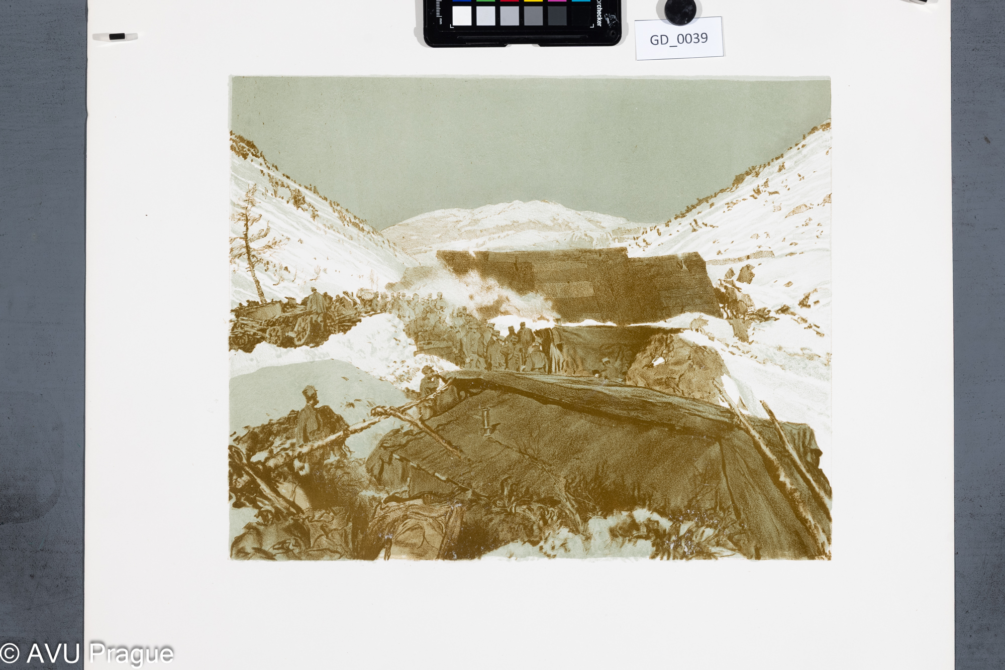 Heinrich Hönich, Vojenské ležení v horách, 1917, Barevná litografie, 30,5 x 38, papír - 59,8 x 54,6,Hönich - An der Tirroller Front