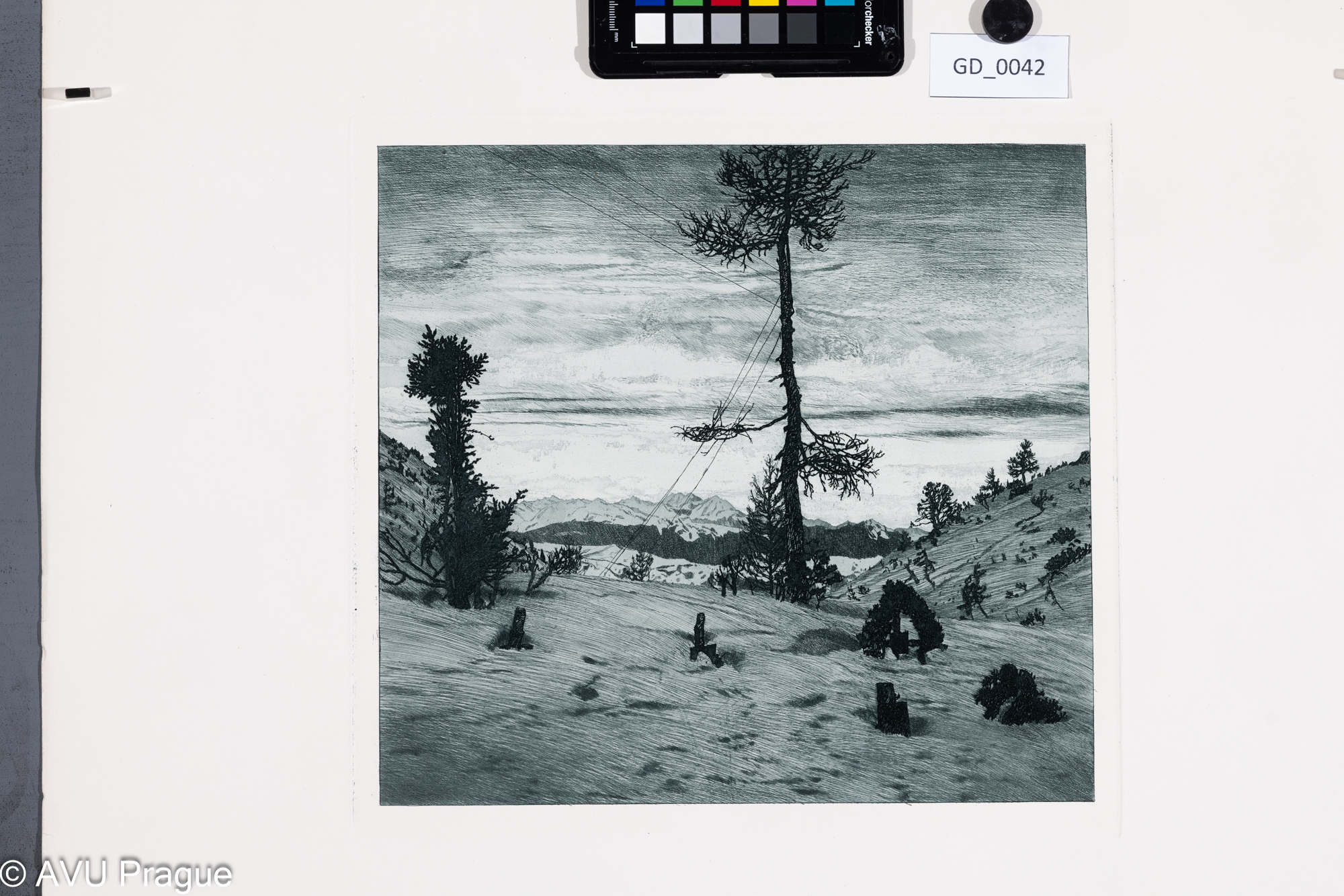 Heinrich Hönich, Spadlé vedení, 1917,Lept / akvatinta, 29,8 x 30,5, papír - 59,7 x 55, Hönich - An der Tirroller Front