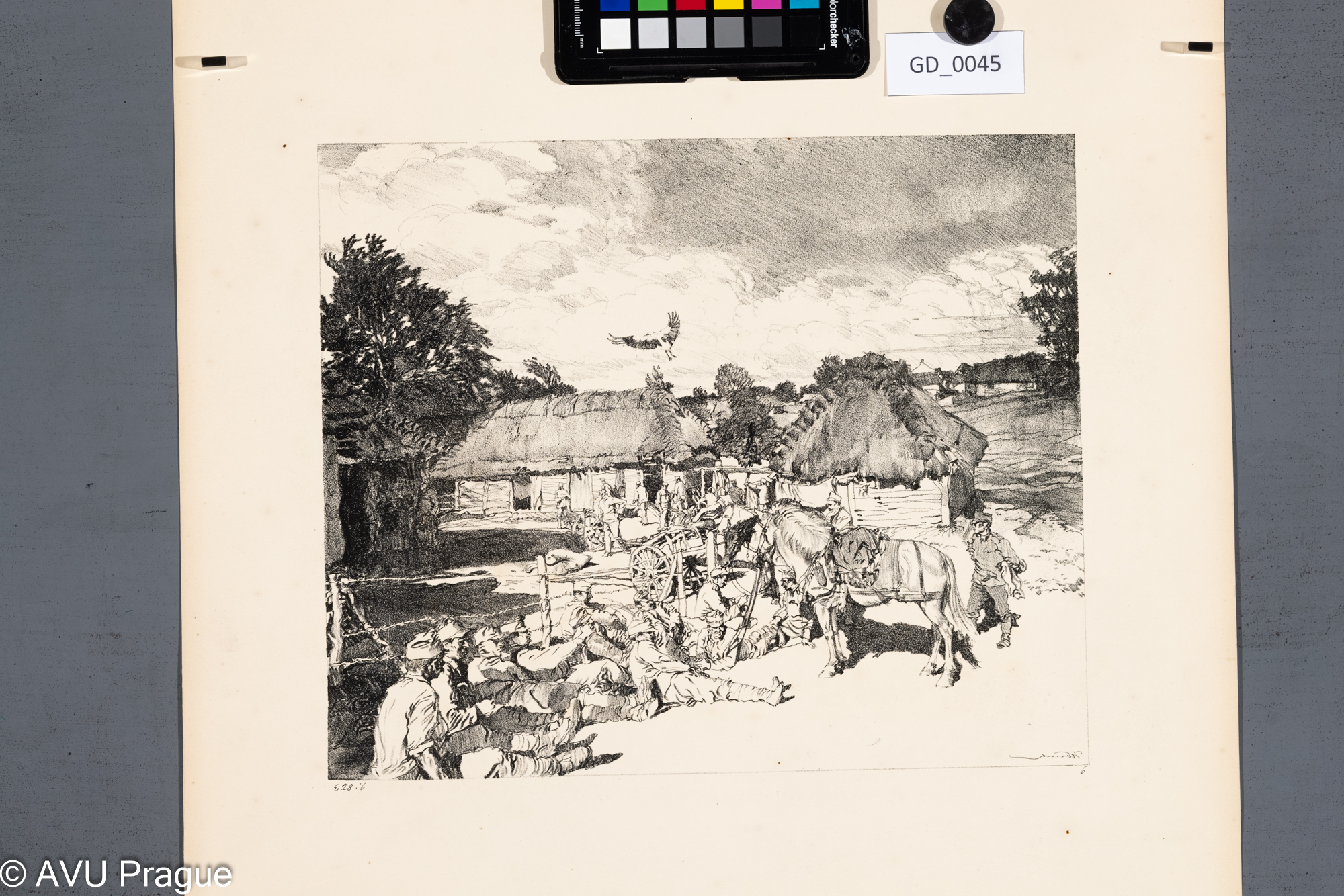 Heinrich Hönich, Táboření pěchoty u Zagorze, 1916, Litografie, 25,3 x 30,2, papír - 44,5x 42, Hönich-z válečné složky Z haličské fronty č.6