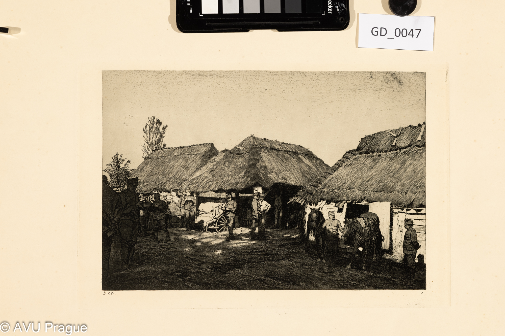 Heinrich Hönich, Povečer ve vesnici s vojskem, 1916, Lept / akvatinta, 18 x 25,2, 43,8x 42,z válečné složky Z haličské fronty č.8