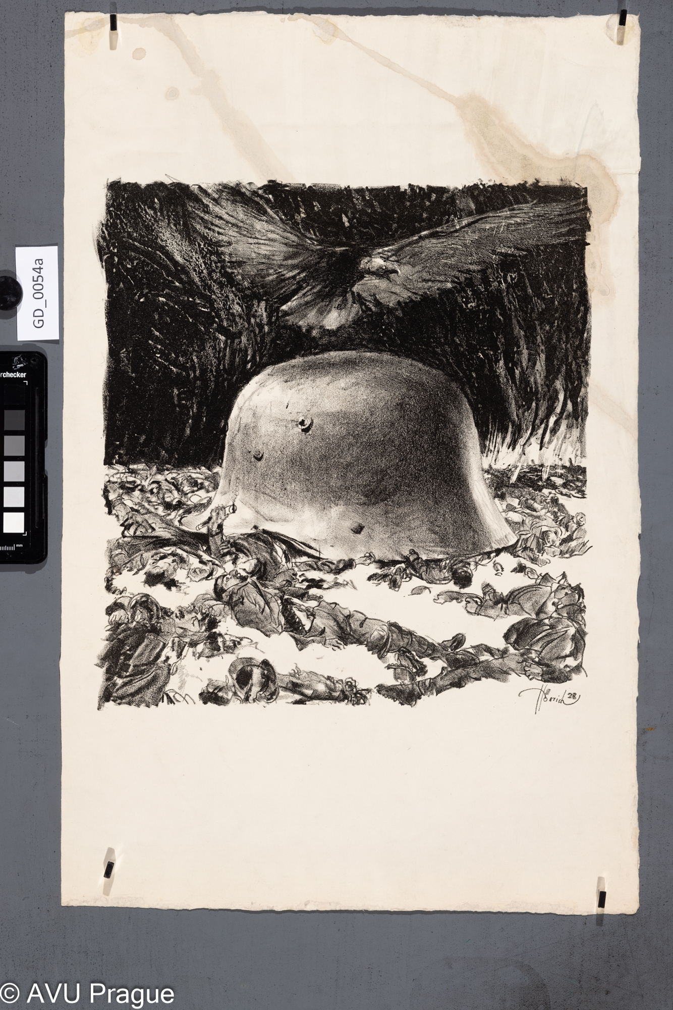 Heinrich Hönich, Vojenská helma, 1928, Litografie, 28,5 x 31; 52,4 x 33,6