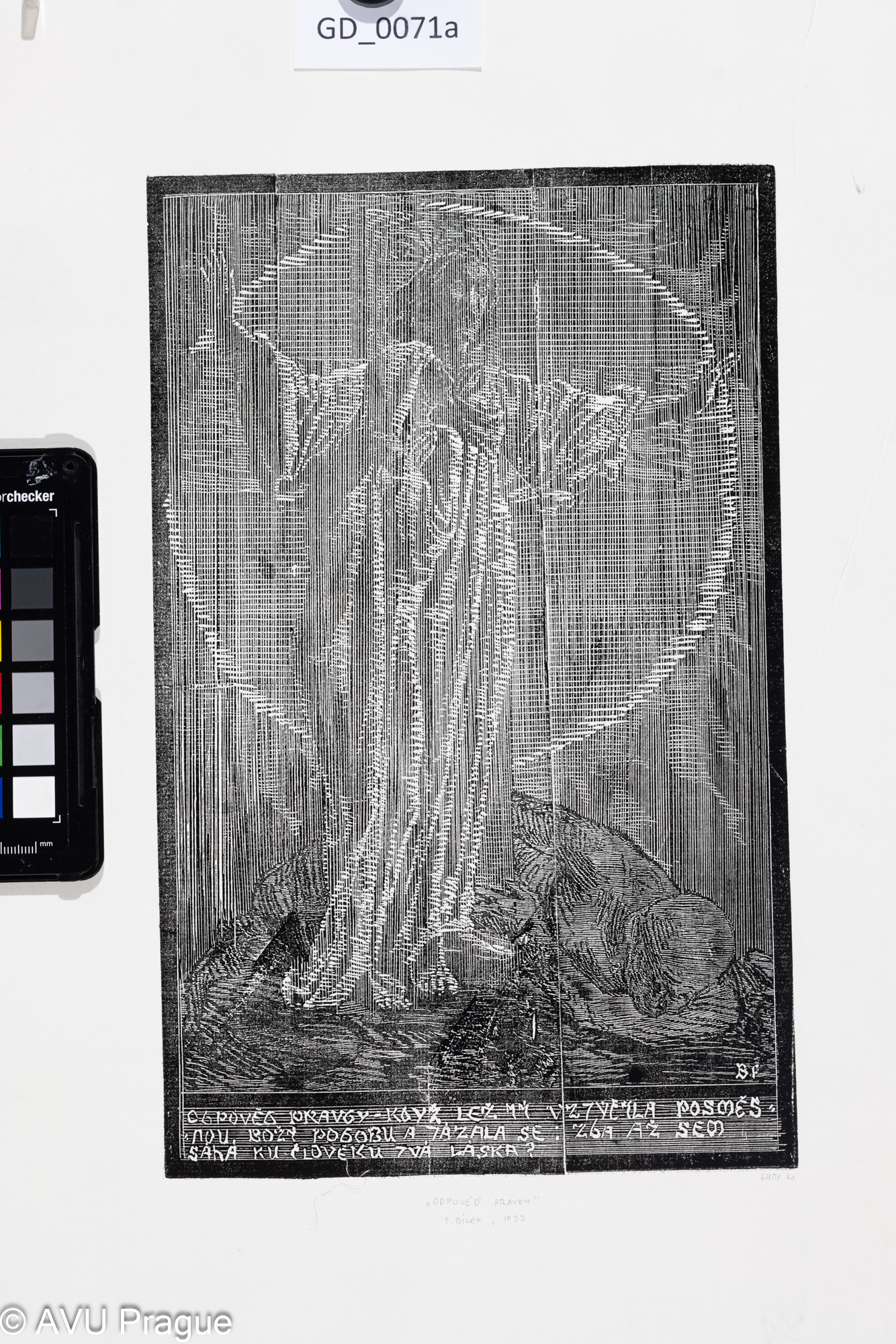 František Bílek; Odpoveď  pravdy;1933; Dřevoryt;29,2 x 18,4;42,5 x  29,5;Bílek - novotisky z originálních matric GHMPtisk 2020