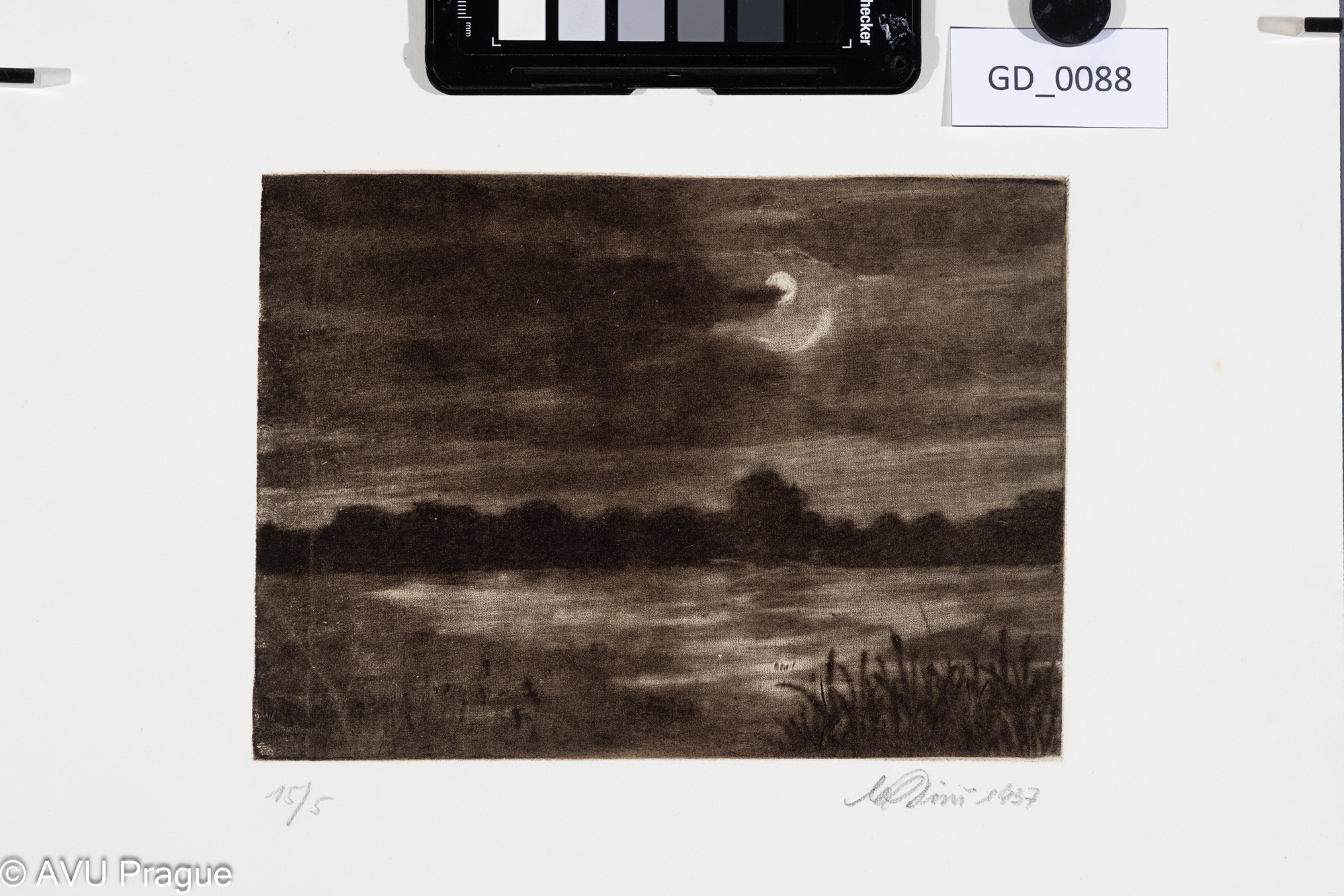 Diviš?; Krajina s měsícem; 1937;Mezzotinta; 14,7 x 20,4; 49,3 x 35