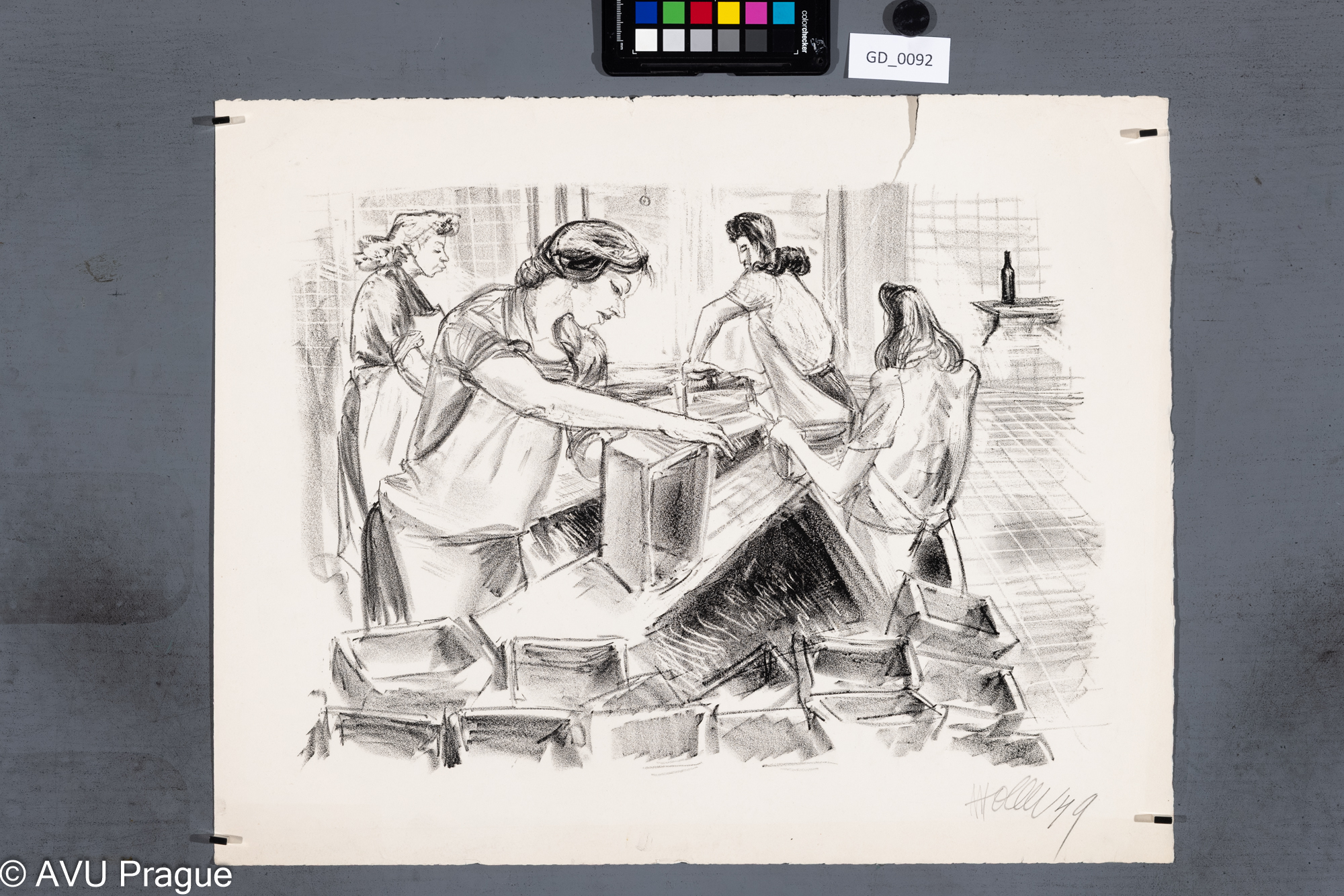 Josef Holler; V továrně / In der Fabrik; 1949; Litografie; 32 x 43,5;42 x 52,4; Silovský