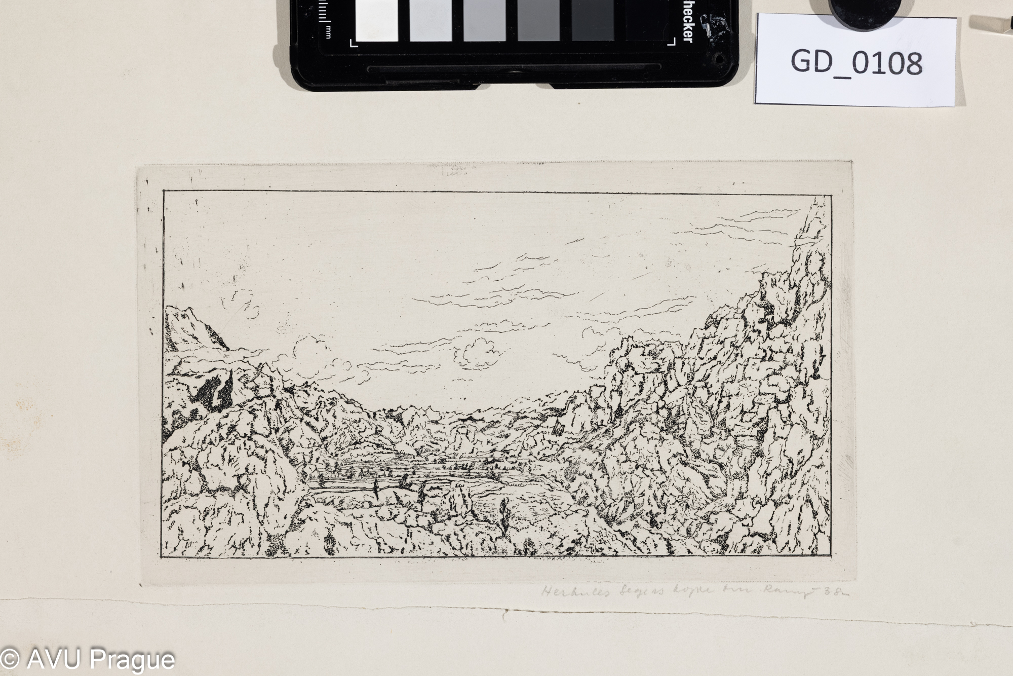 Emmanuel Ranný st; Kopie krajiny - Hercules Seghers; 1938; Lept;11,7 x 20; 23,8 x 29; Šimon