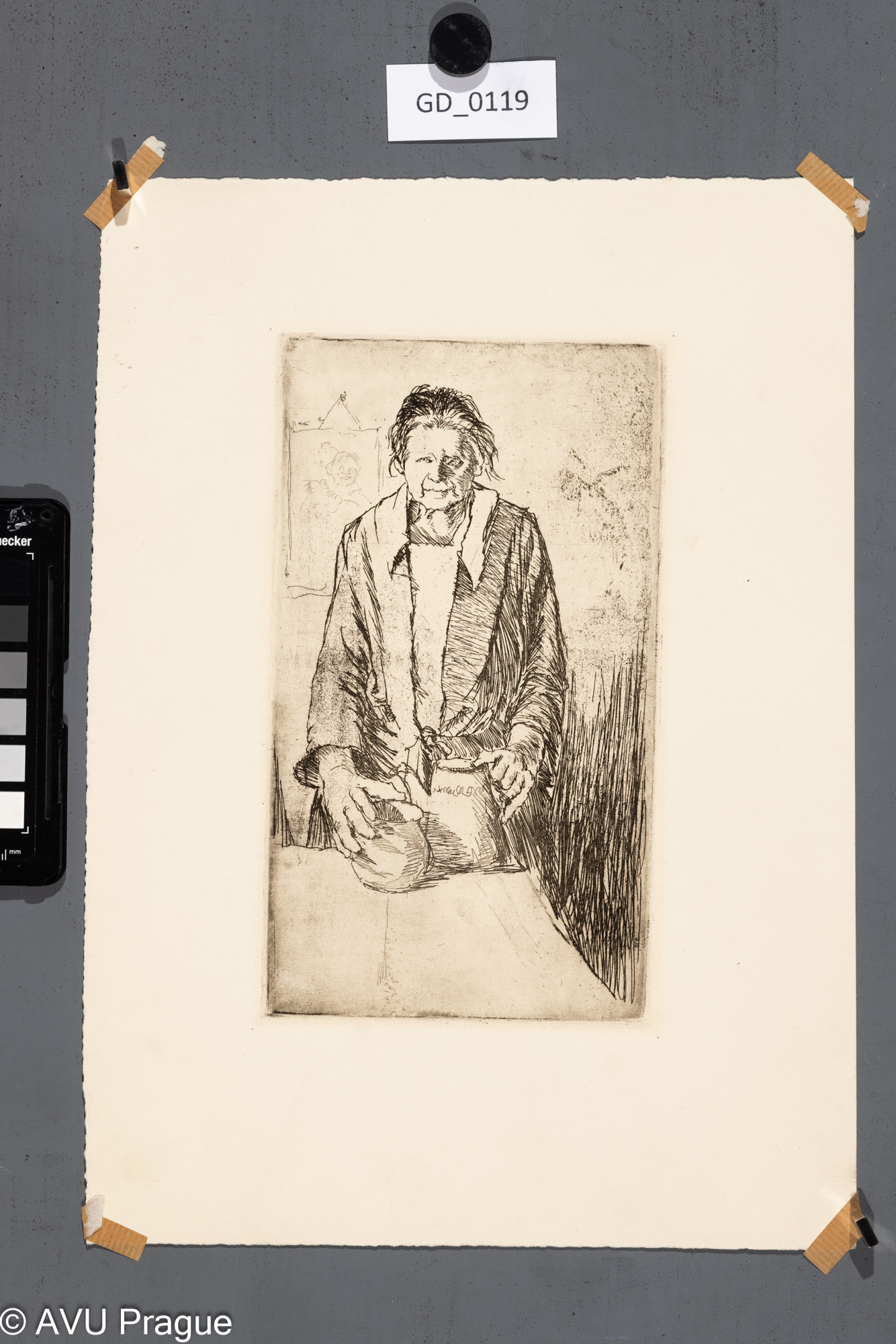 Nezjišten; Stařena s hrnkem a konvičkou; Lept; 22,2 x 12,2;34,5 x 24,9