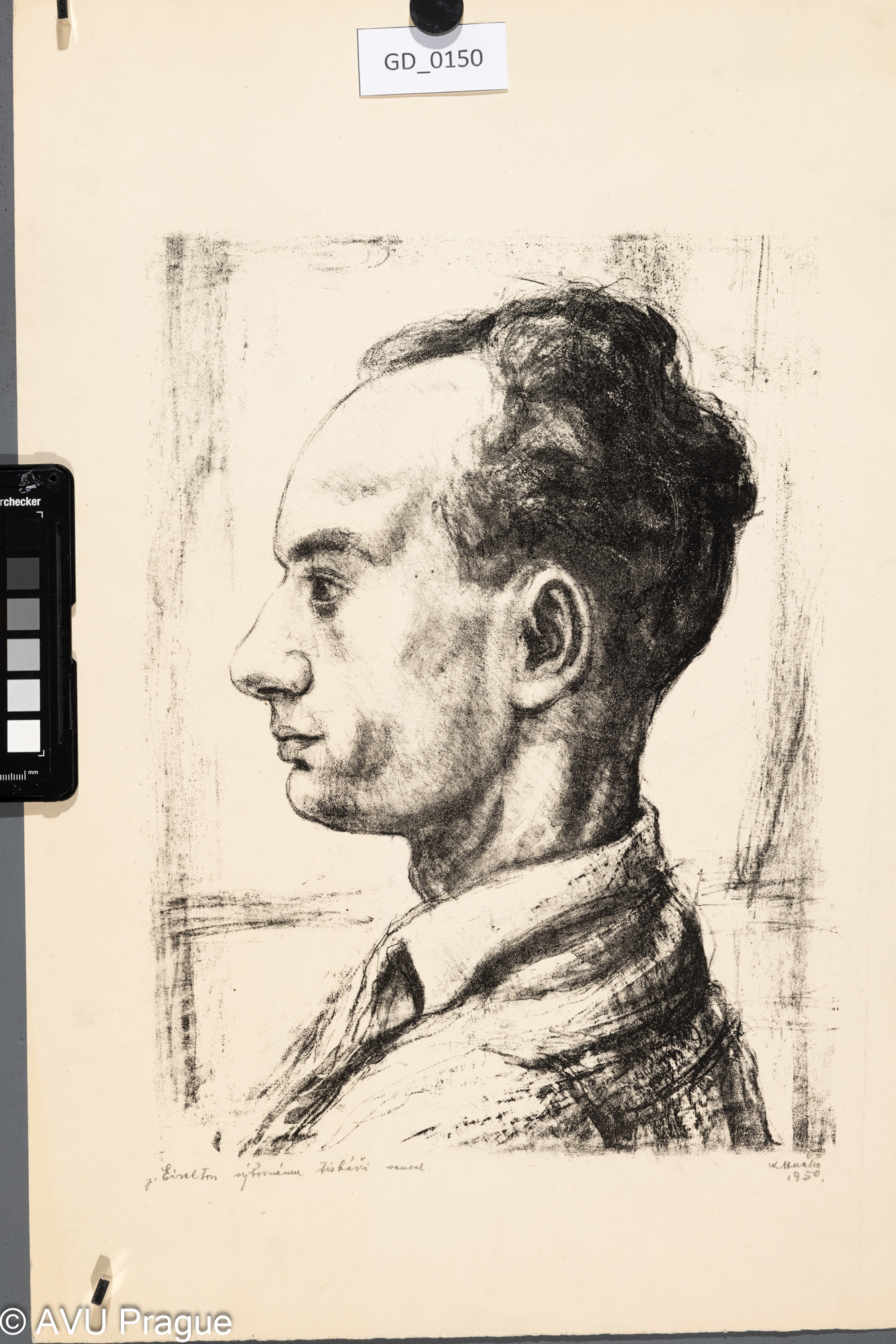 Karel Hučko; Mužský portrét - profil (Eizelt?); 1950; Litografie;34 x 25; 49,8 x 34,8; Silovský;p. Eizeltovi výbornému tiskaři vnoval...