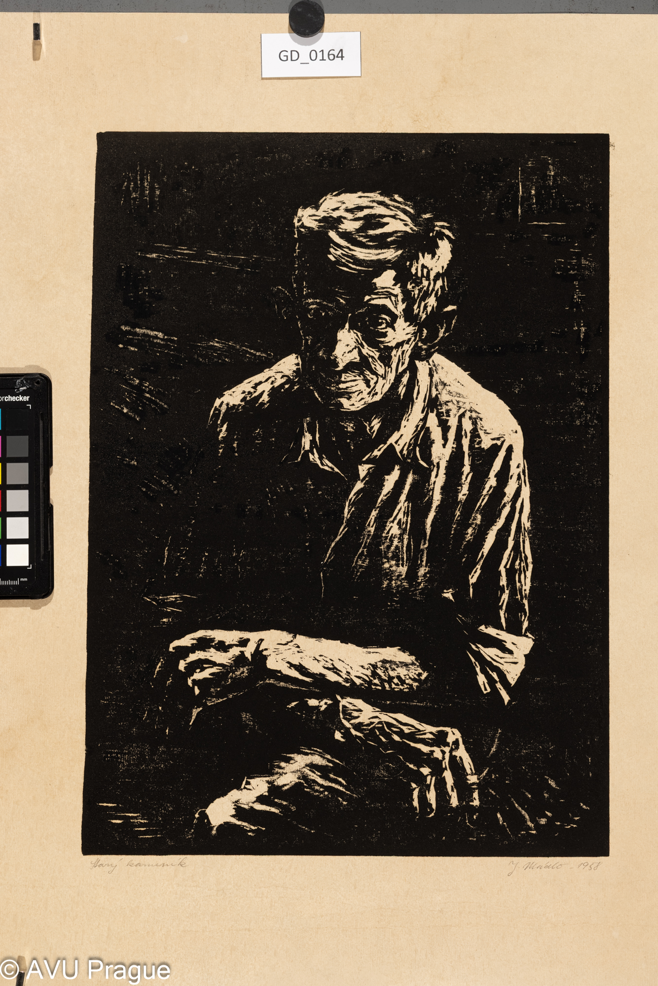 Jiří Mádlo; Starý kameník; 1958; Dřevořez; 40 x 28,2; 54,8 x 42,7;Silovský