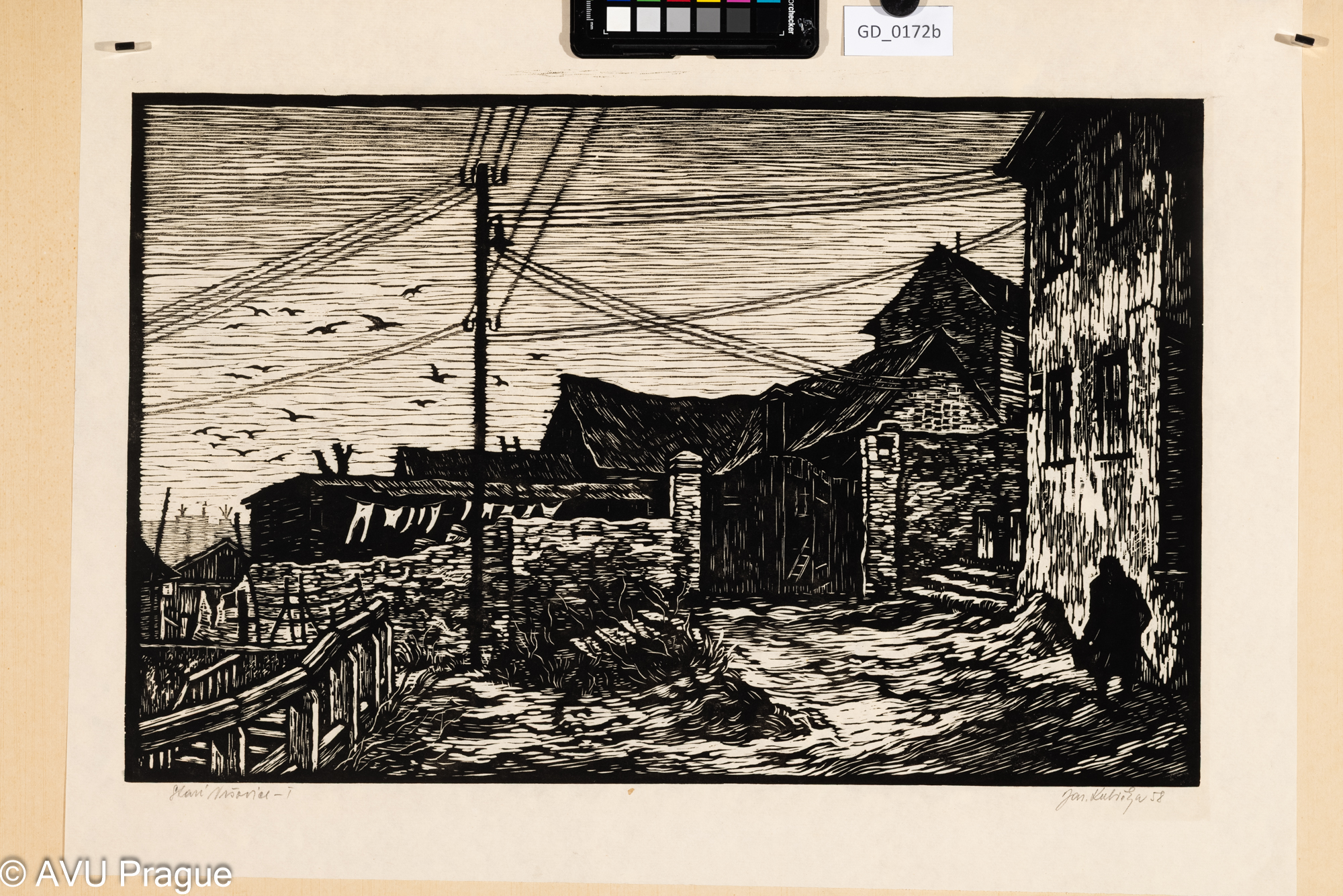 Jaroslav Kubička; Staré Vršovice I.;1958; Dřevořez; 34,6 x 53,9;40,1 x 61,6; Silovský
