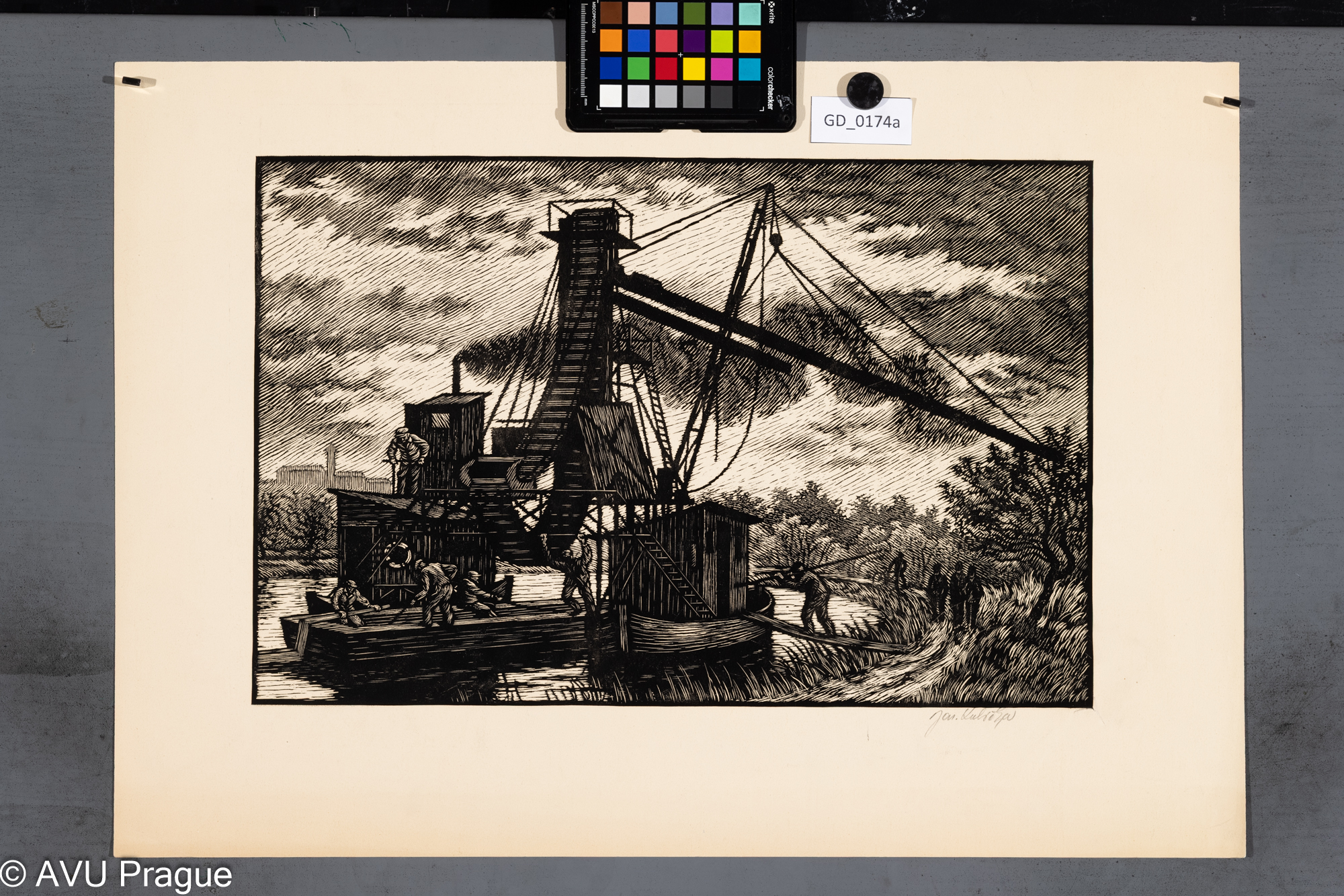 Jaroslav Kubička; Nakládání do člunu; Dřevoryt; 29,8 x 45,5; 43 x 61; Silovský