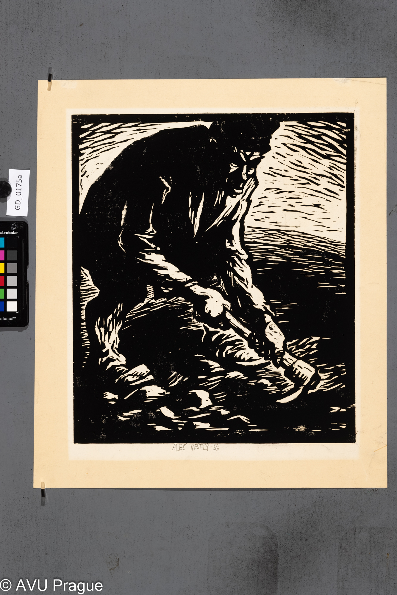 Aleš Veselý; Kopáč; 1956; Dřevořez;39 x 33,3; 48,2 x 41,6; Silovský