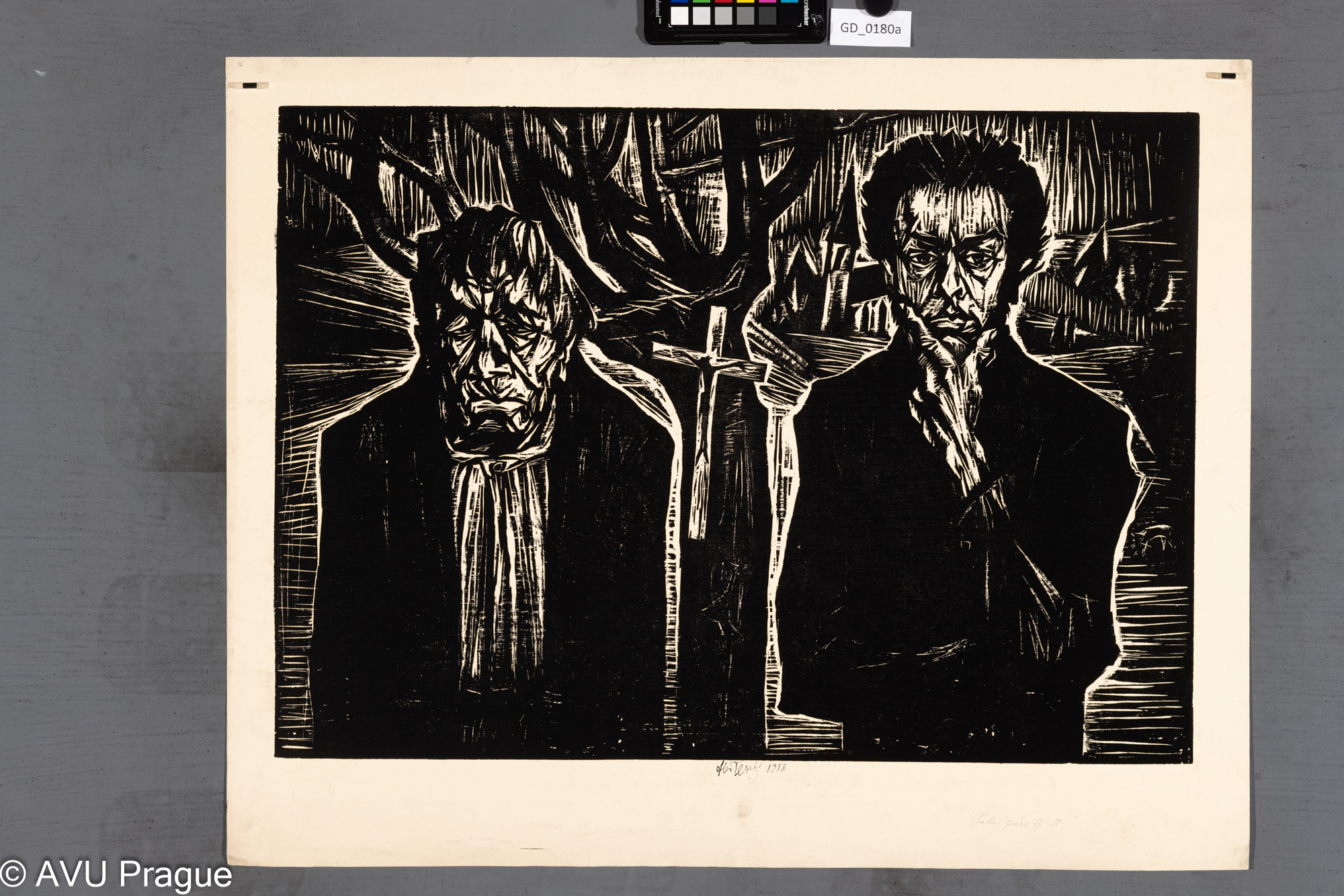 Aleš Veselý; Autoportrét s Pavlem Pindiakem; 1958; Dřevořez;44,6 x 63,2; 55,2 x 70,4; Silovský