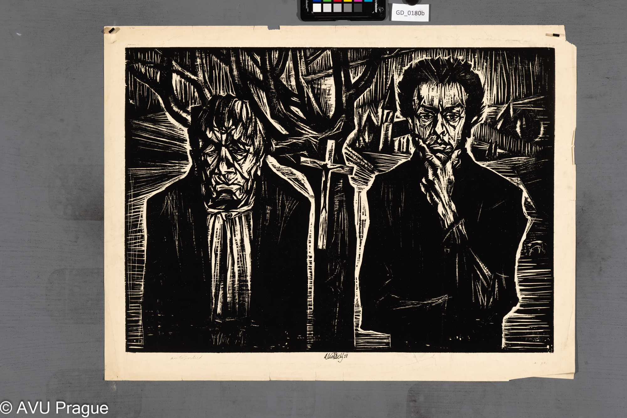 Aleš Veselý; Autoportrét s Pavlem Pindiakem; 1958; Dřevořez;44,6 x 63,3; 52,4 x 69,3; Silovský
