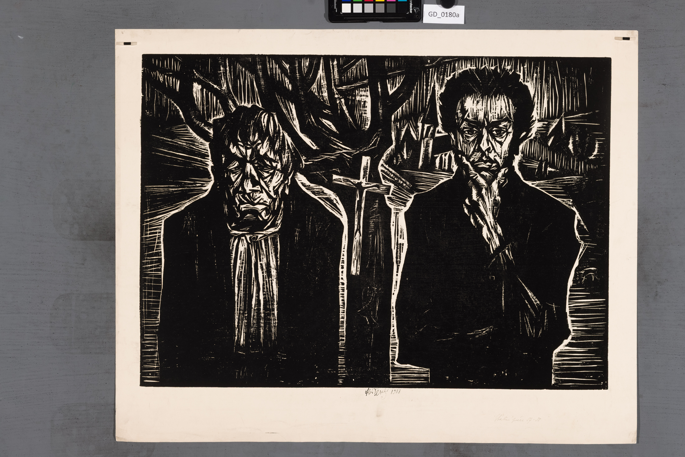 Aleš Veselý; Autoportrét s Pavlem Pindiakem; 1958; Dřevořez;44,6 x 63,2; 55,2 x 70,4; Silovský