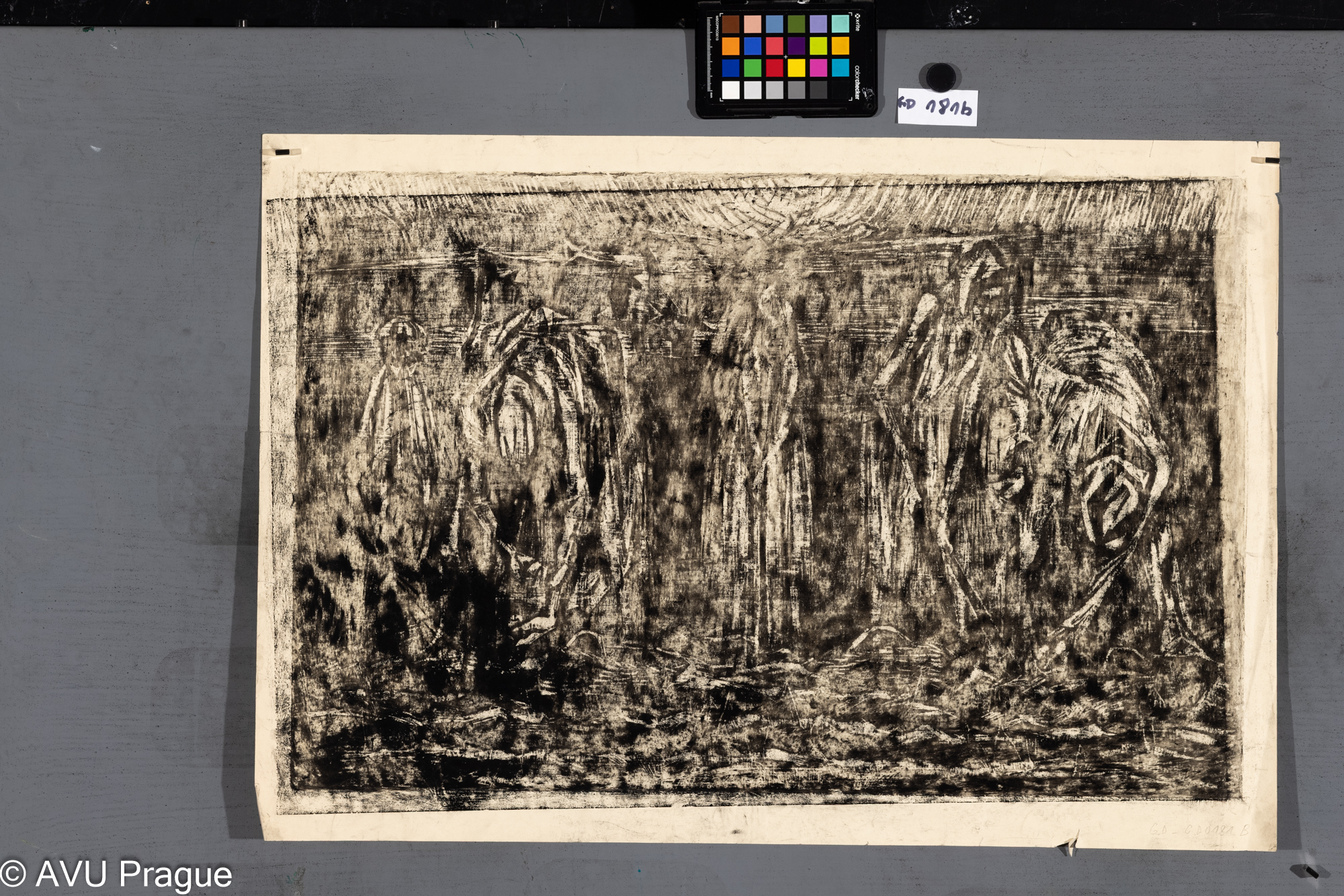 Aleš Veselý; Práce na poli - revers1958;Dřevořez; 42,3 x 67; 48,5 x 69,8; Silovskýruční tisk