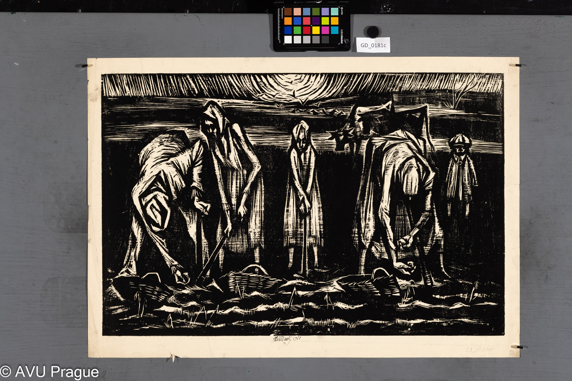 Aleš Veselý; Práce na poli; 1958;Dřevořez; 42,3 x 66; 48,5 x 69,7;Silovský