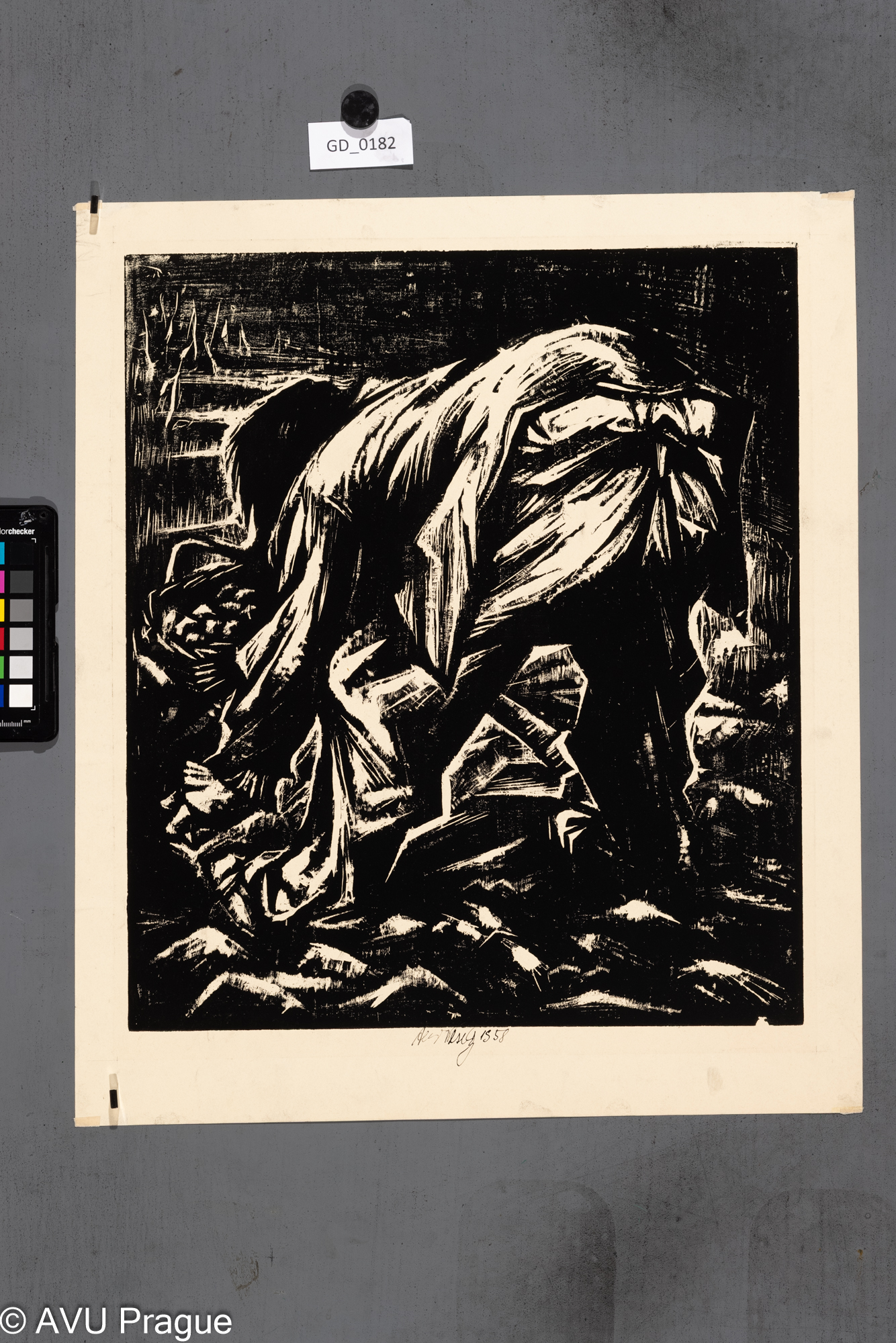 Aleš Veselý; Tři tváře; 1958;Dřevořez; 41,5 x  35,2; 48,6 x 41,5;Silovský