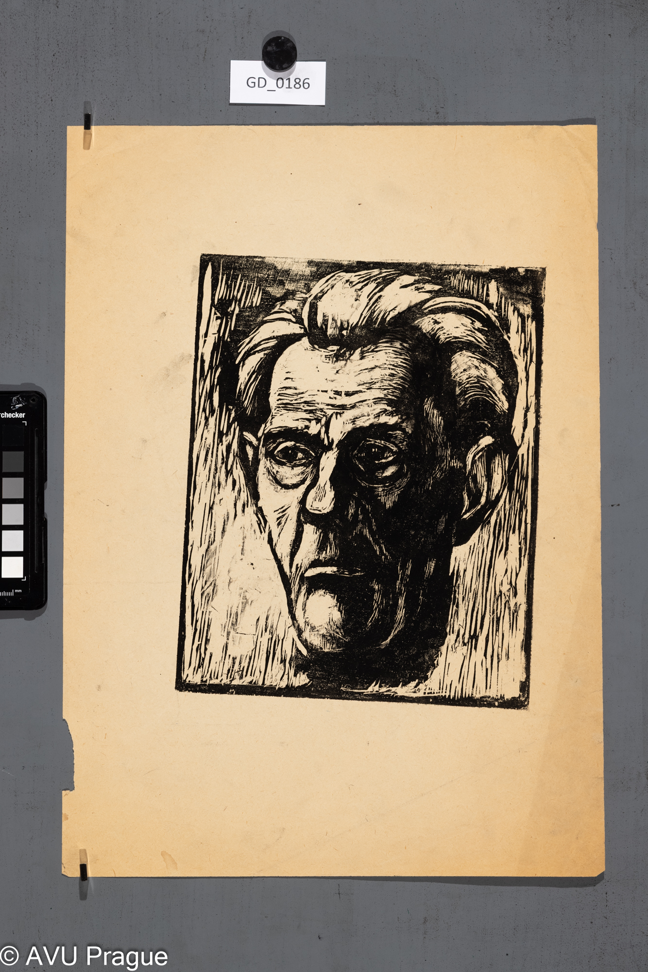 Aleš Veselý ?; Mužská hlava s brýlemi; Dřevořez; 25 x 21; 43 x 30,5; Silovský