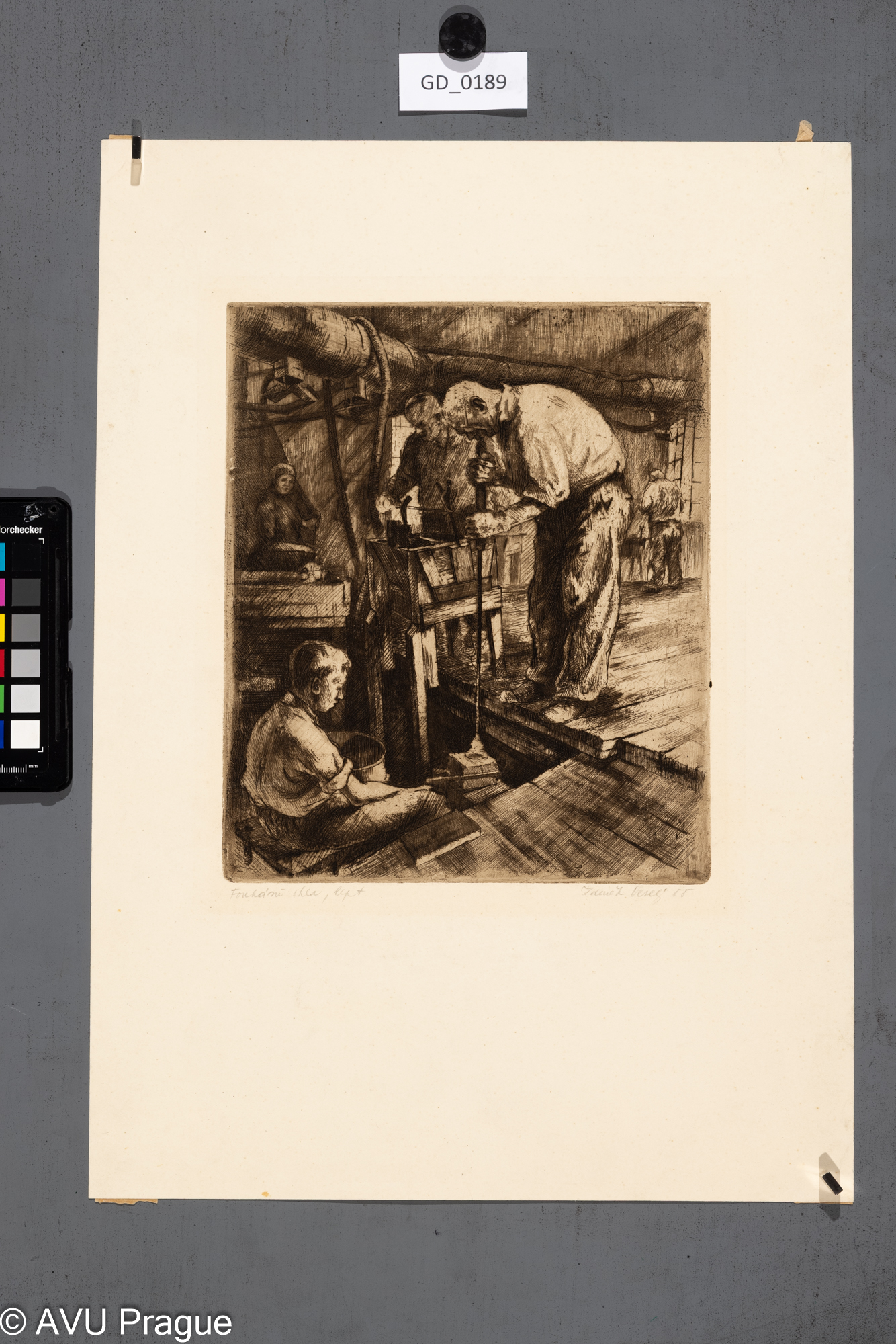 Zdeňek Veselý, Foukání skla,1955, Lept, 24,2 x 20,5, 45 x 32,3,Silovský