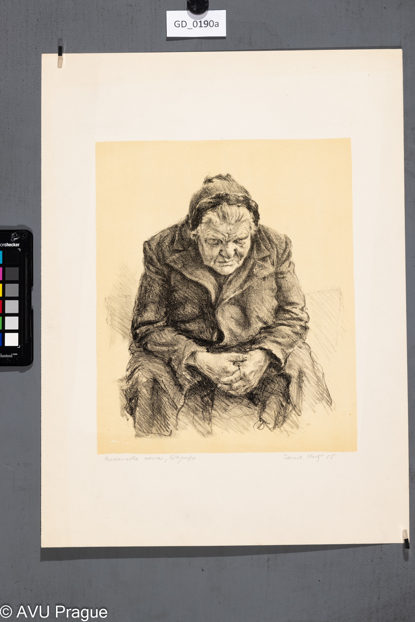 Zdeňek Veselý, Prodavačka novin,1955, Litografie - podtisk,28, 2 x 23,4, 45,3 x 33,4; Silovský