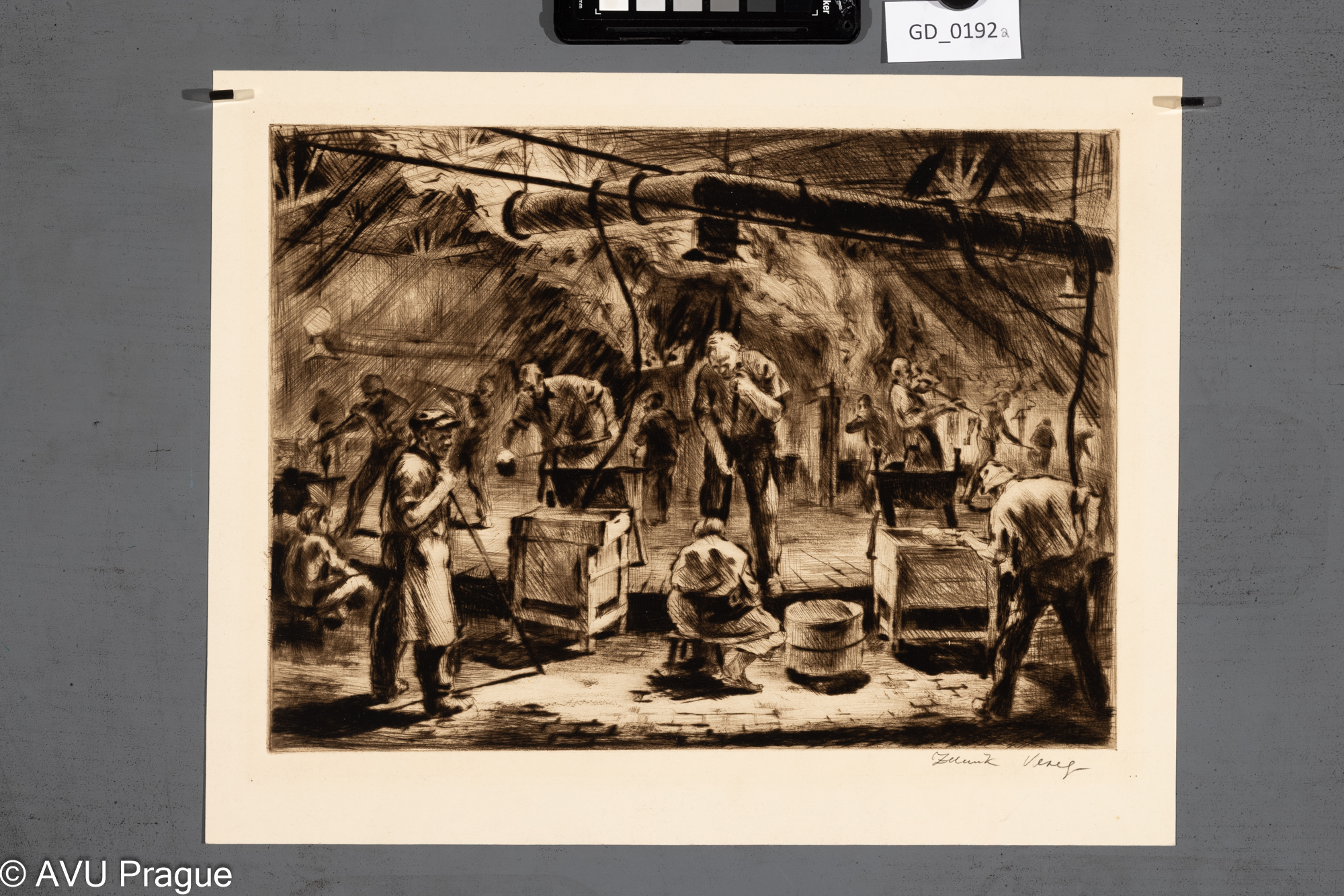 Zdeňek Veselý, Ve sklárně,1955, Suchá jehla, 25.5 x 35,31,5 x 39,7, Silovský