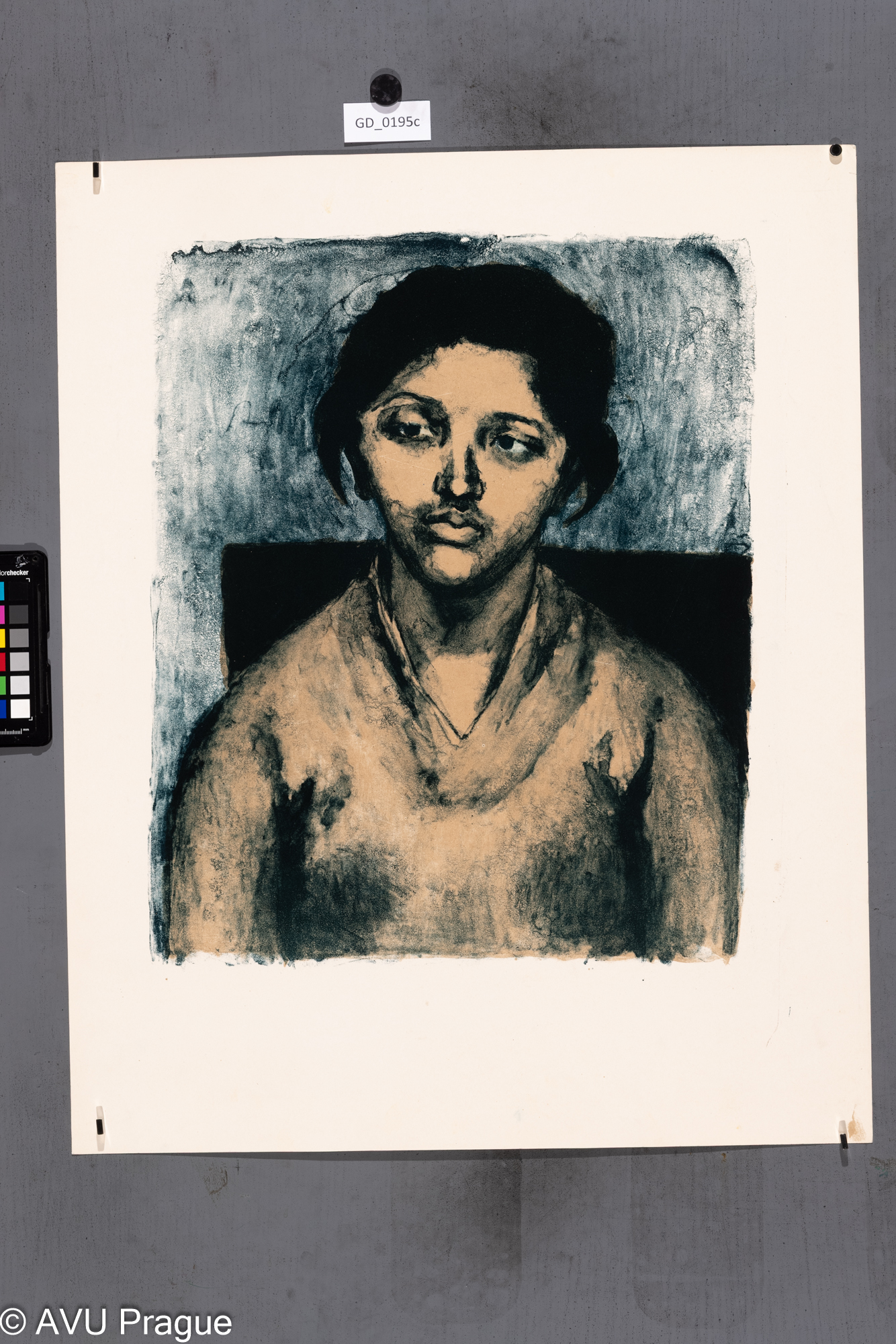 Jiřina Kubínová, Portrét ženy z anfasu, Barevná litografie - tuž lavirovana, 46 x 38, 63,3 x 51,Silovský