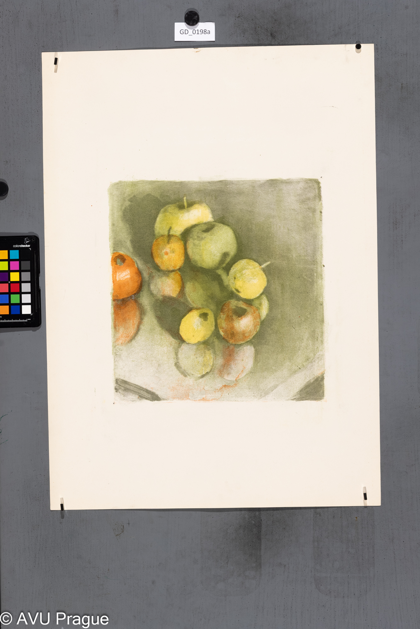 Jiřina Kubínová, Jablka,Barevná litografie - tuž lavírovaná,30 x 29, 62,5 x 45, Silovský