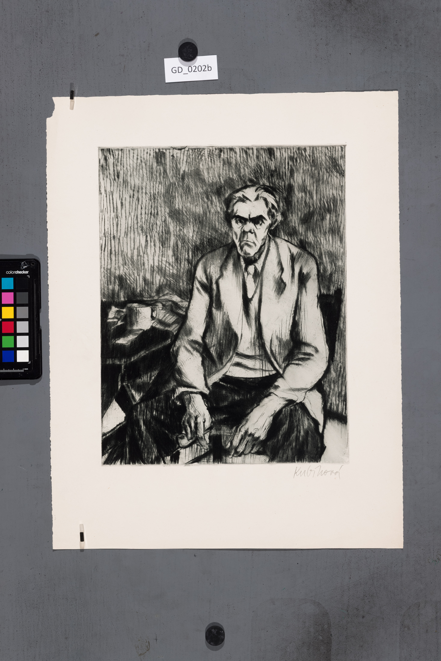 Jiřina Kubínová, Portrét muže s dýmkou, 1959, Suchá jehla, 35 x 25,6, 47,1 x 36,5, Silovský