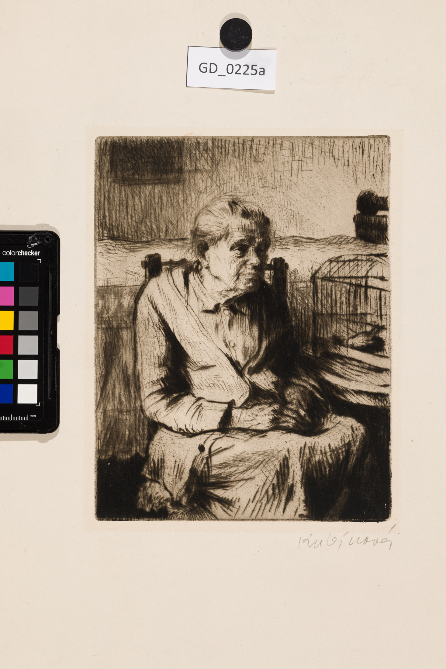 Jiřina Kubínová, Babička s kanárkem, 1957, Suchá jehla, 25 x 19,5, 53,6 x 41,2, Silovský