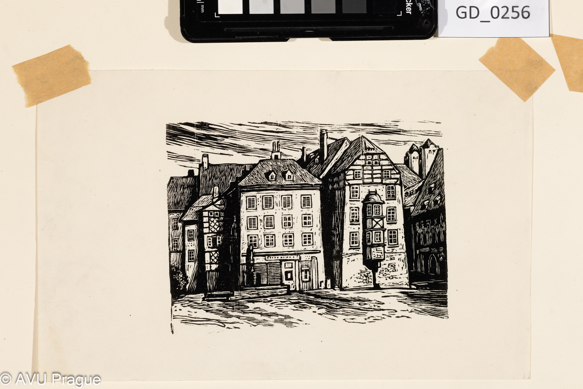 Zdeněk Mézl, Ilustrace -Hrázděné domy, 1960,Dřevoryt, 10 x 13,5, 15 x 24Silovský, v paspartě s 4 dalšími motivy