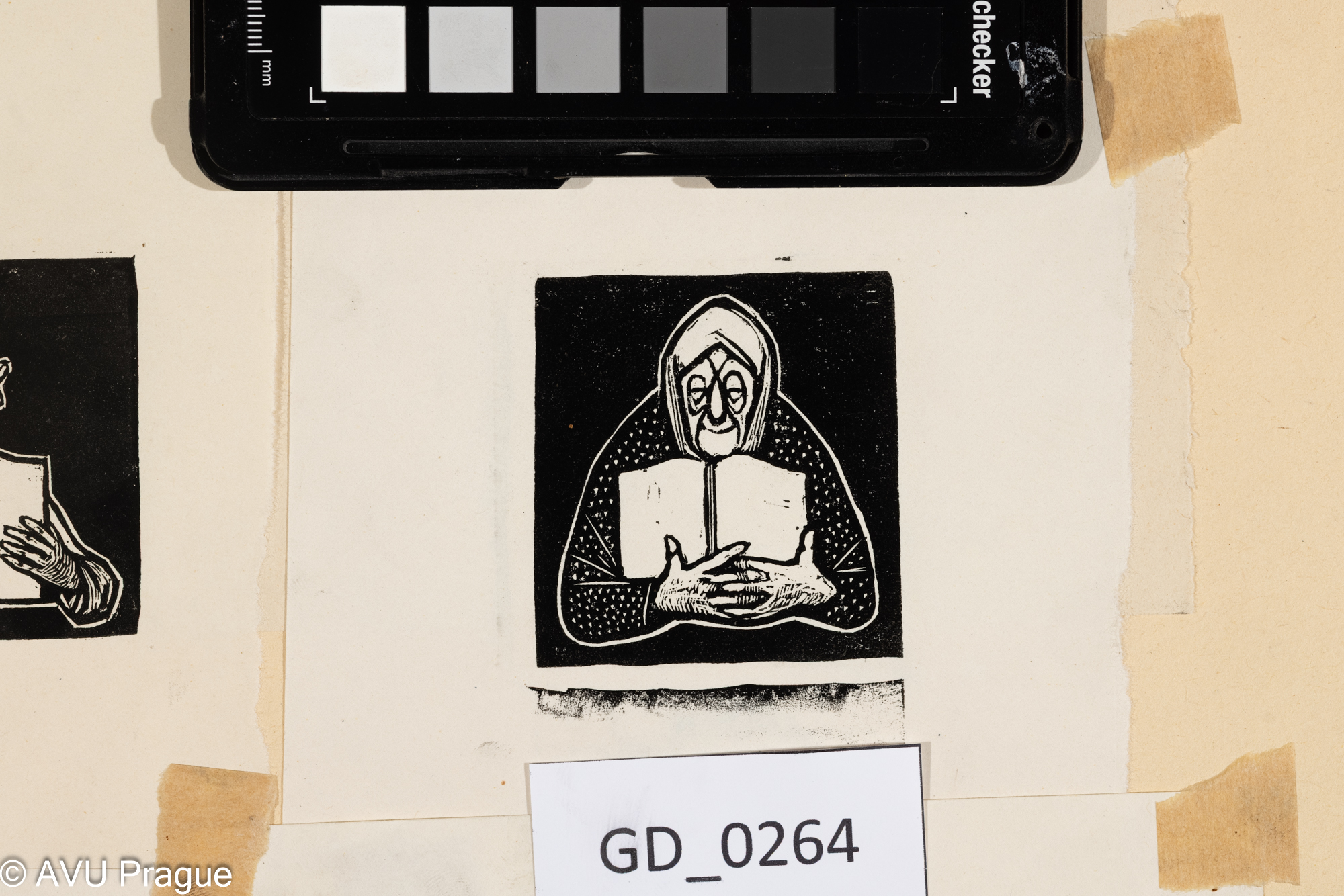 Zdeněk Mézl, Čtenářka babička, 1960, Dřevoryt,5,5 x 6,1,15 x 11,8Silovskýcyklus 9 čtenářů - společná paspatra