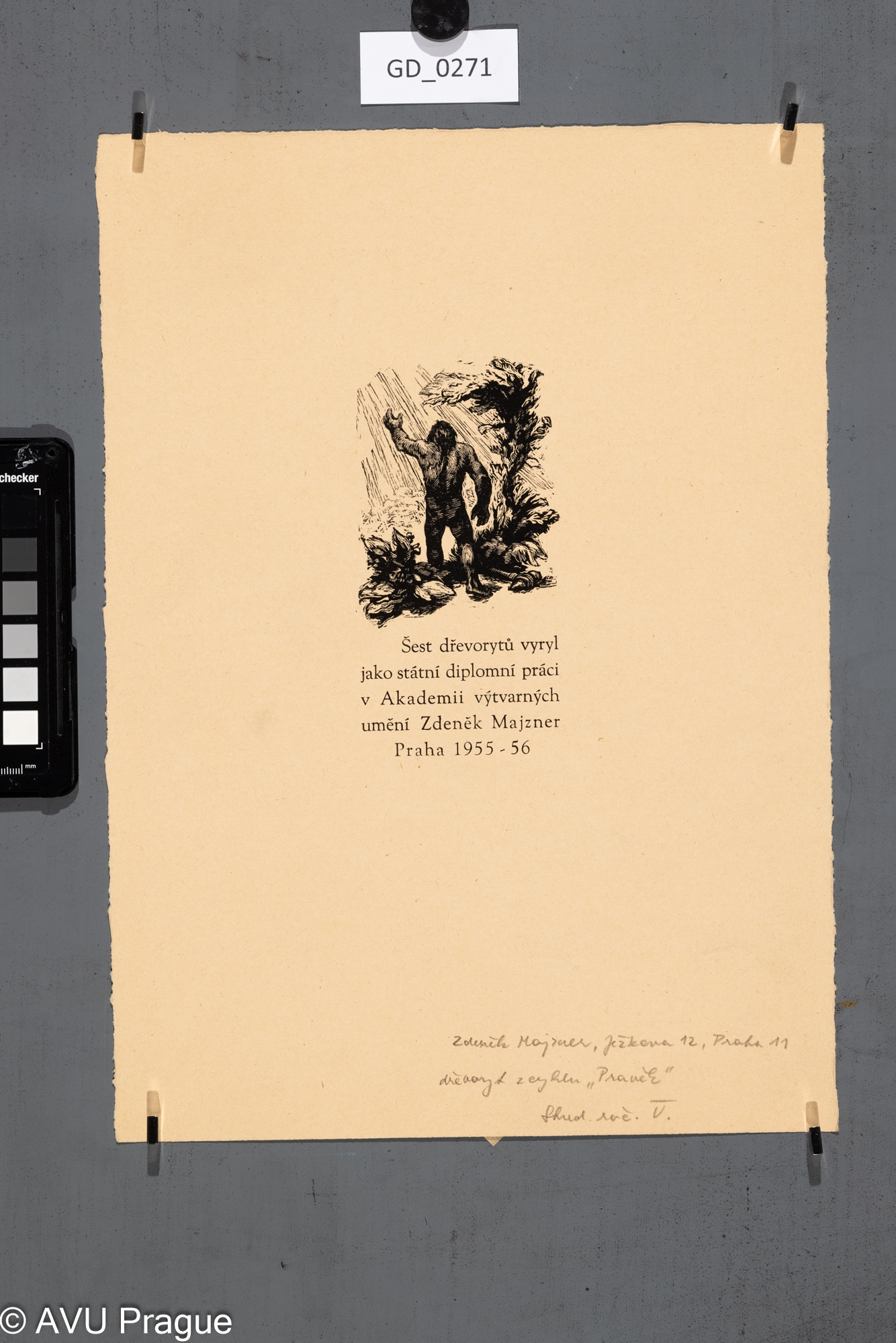 Zdeněk Majzner, titulní list z cyklu " Pravěk", 1955-56,Dřevoryt, 13,7 x 7, 35,2 x 25Silovský