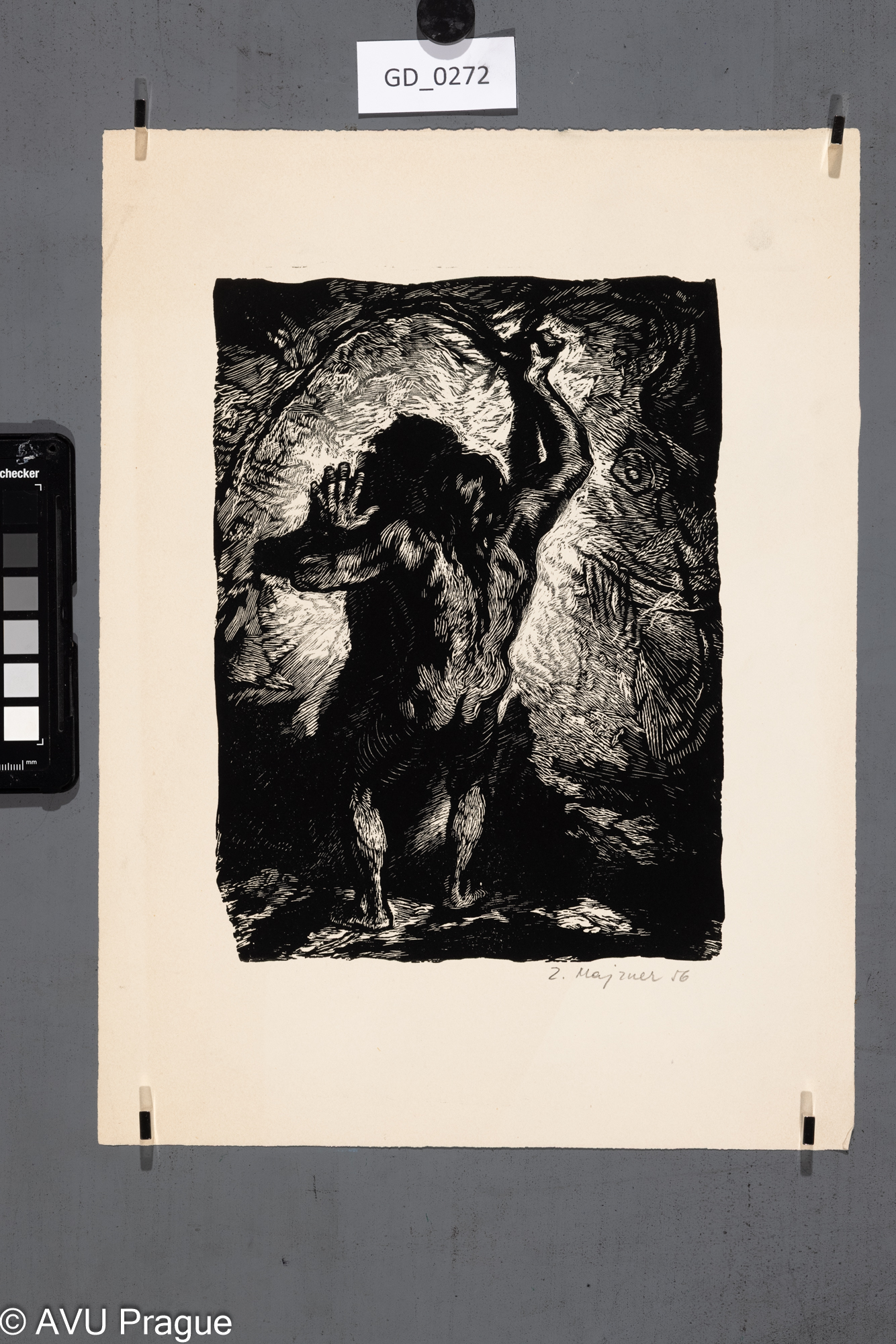 Zdeněk Majzner, Pravěký člověk v jeskyni, 1956, Dřevoryt, 23,8 x 17,7, 35,5 x 26,3Silovský