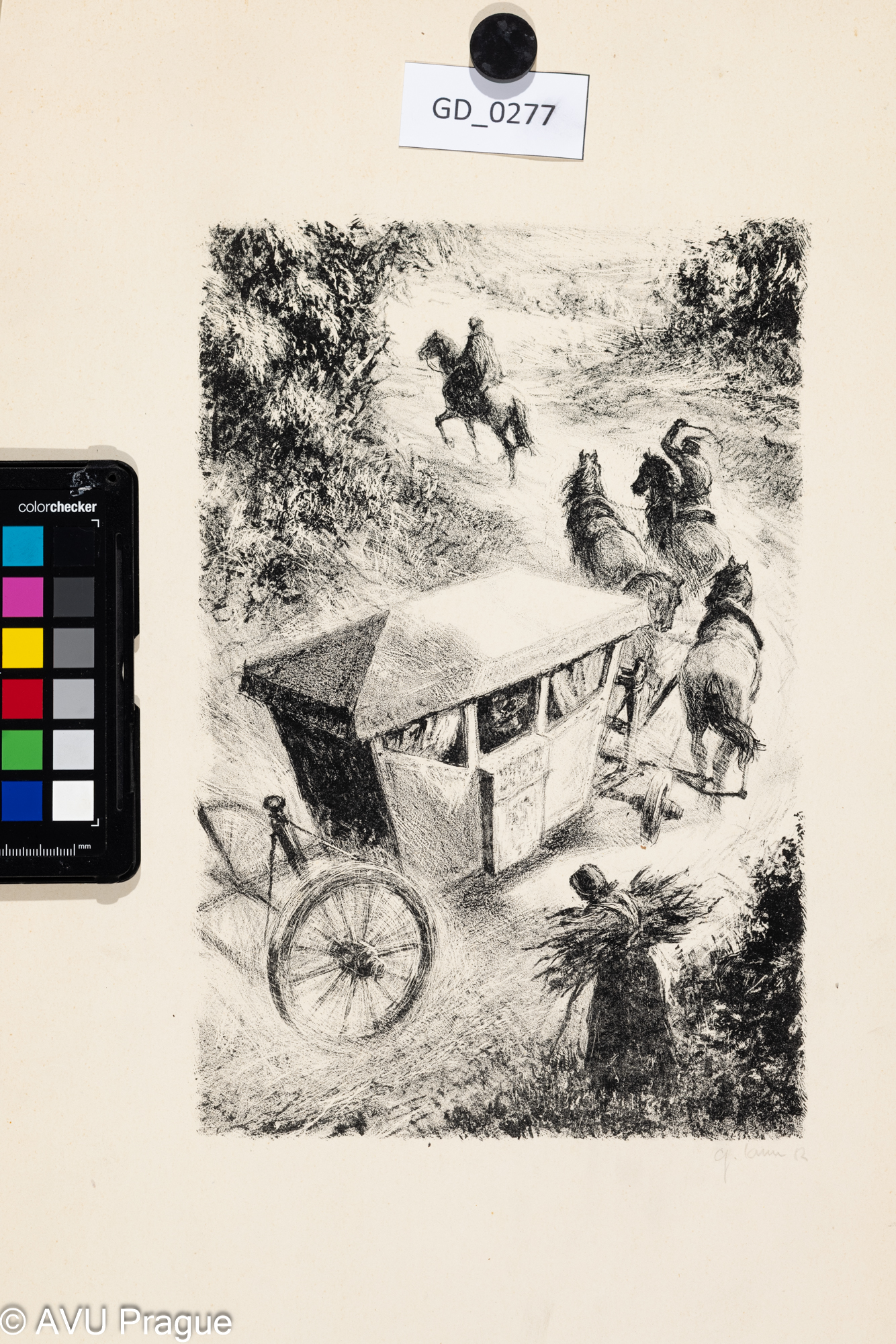 Gustav Krum, Ilustrace - kočár s koňmi, 1952-53?, Litografie,27,5 x 18, 50,5 x 35Pukl