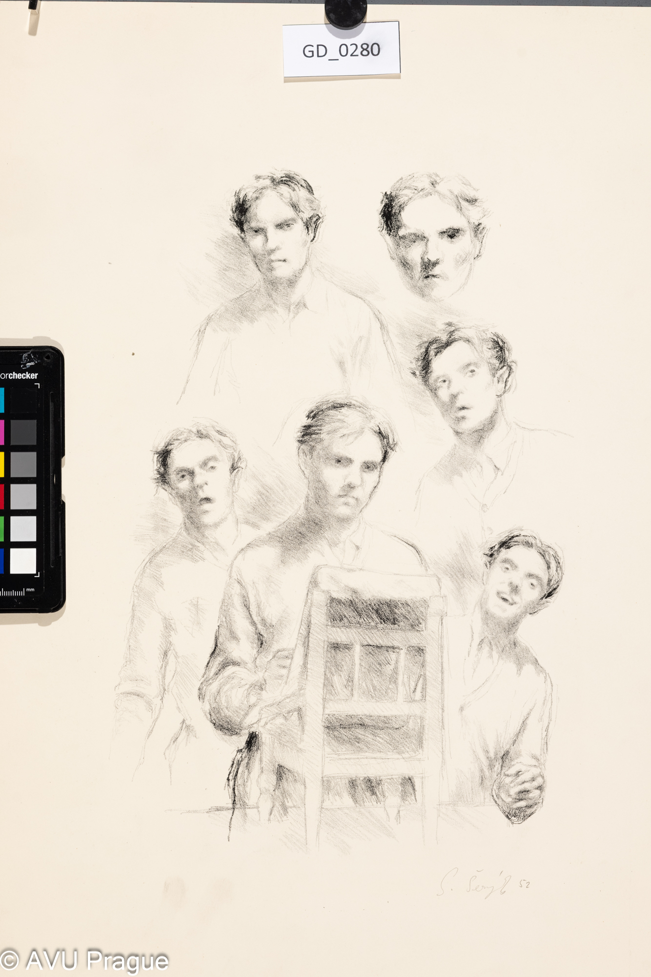 Jaroslav Šerých, šest portrétu  (autoportrét?), 1952, Litografie,33 x 22, 40,2 x 34,6Pukl