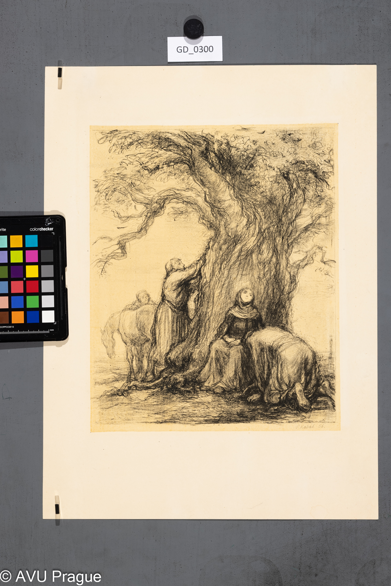 Vaclav Kabát, ilustrace - pohádky (pod stromem), 1956, Litografie - podtisk, 30,5 x 24,6, 45 x 33,1Pukl