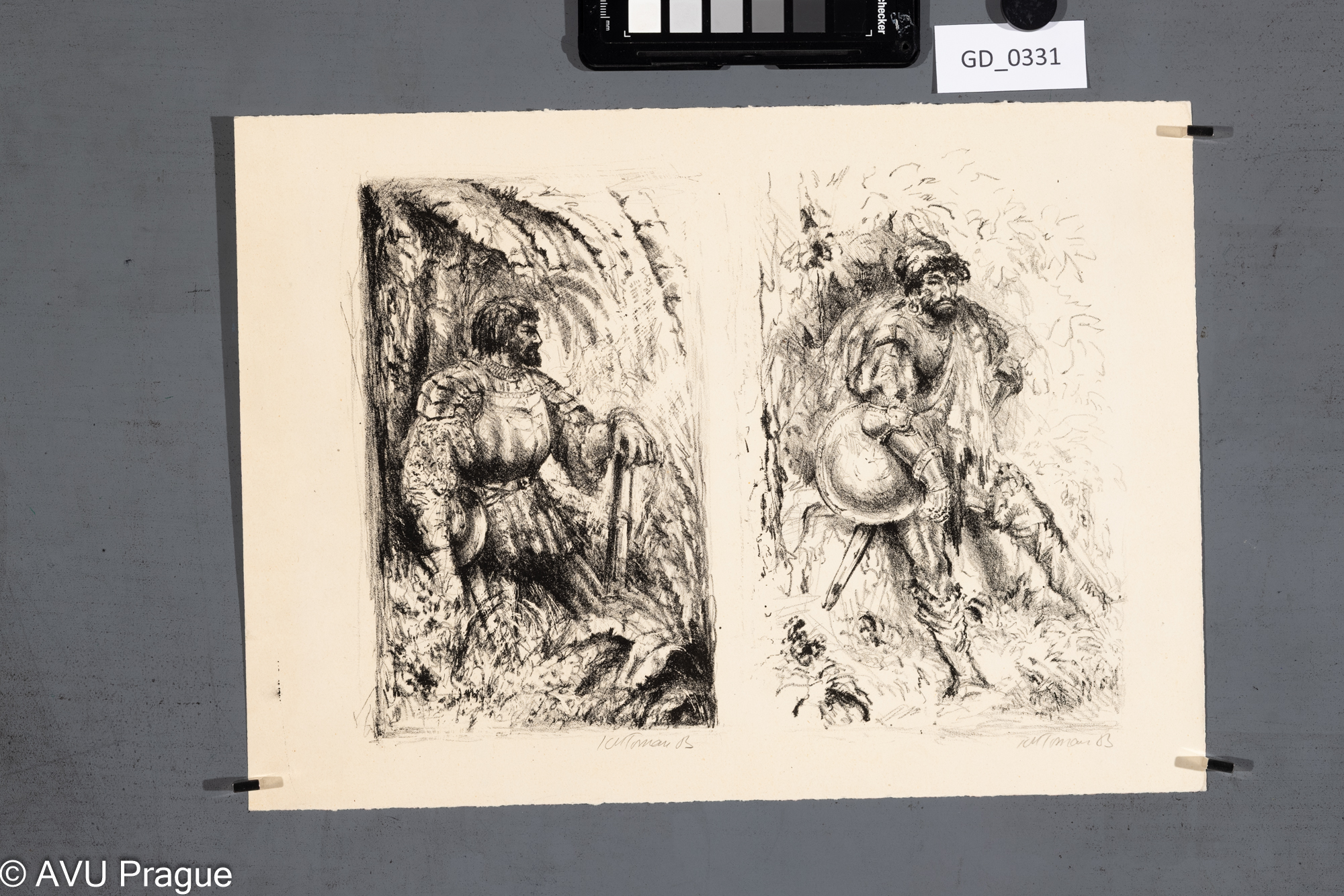 Karel Toman, Ilustrace 2x rytiřský výjev, 1953, Litografie,25,4 x 35Pukl