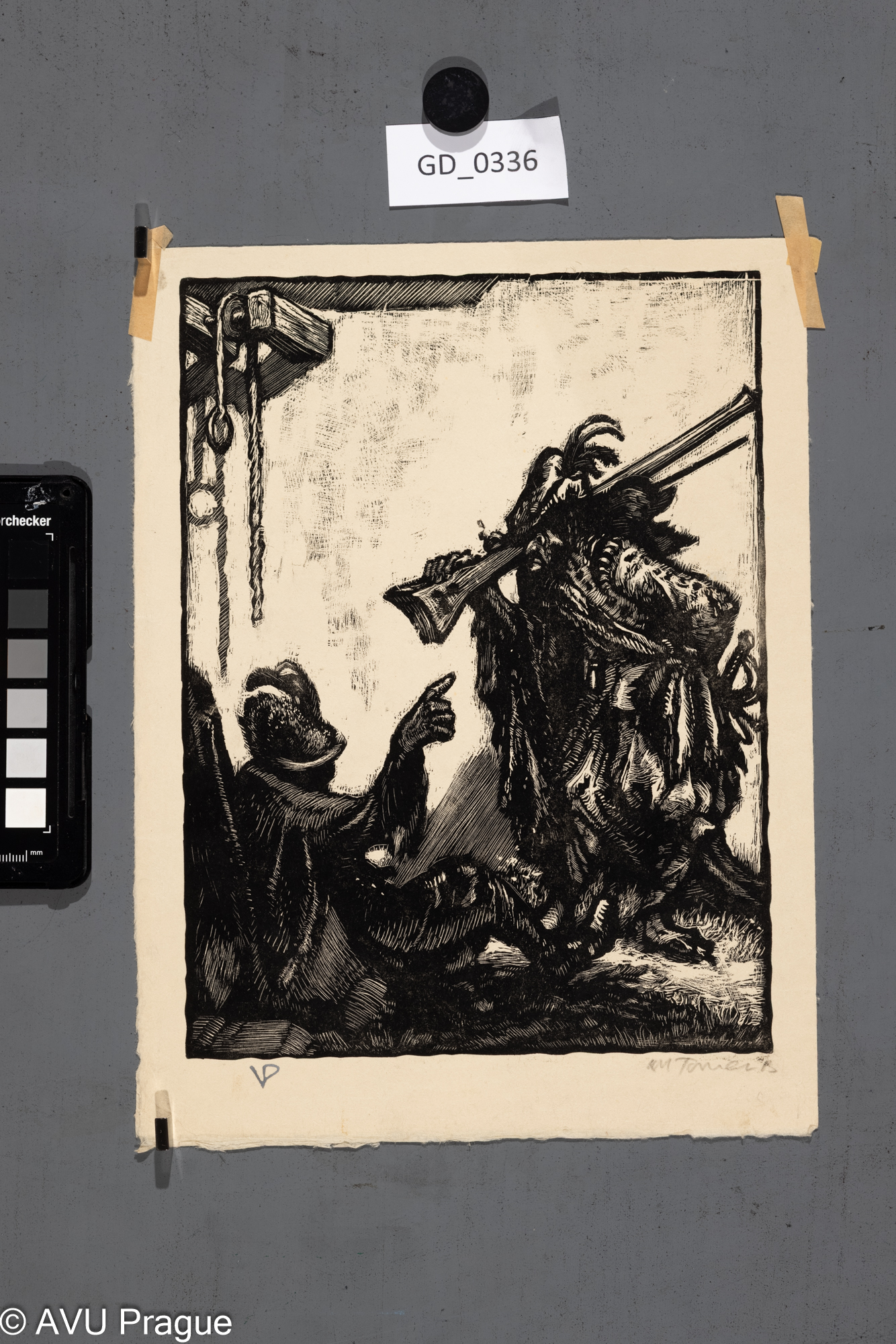 Karel Toman, Ve věznici, 1953,Dřevoryt, 23,6 x 17,2, 27,3 x 20,5, Pukl