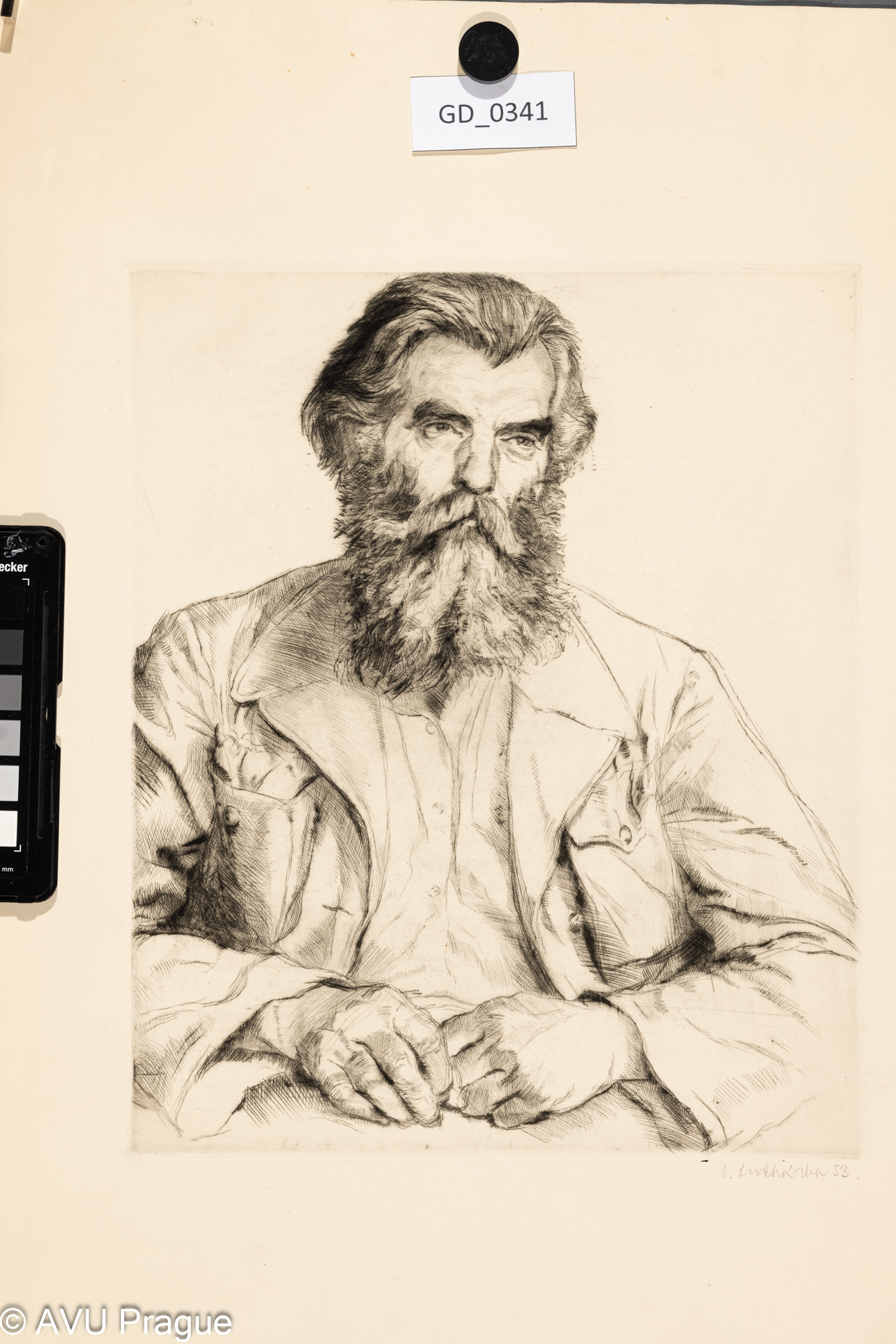 Otakar Procházka, portrét muže s vousy, 1953, Suchá jehla, 29 x 24,3 , 50,7 x 37,6,Pukl