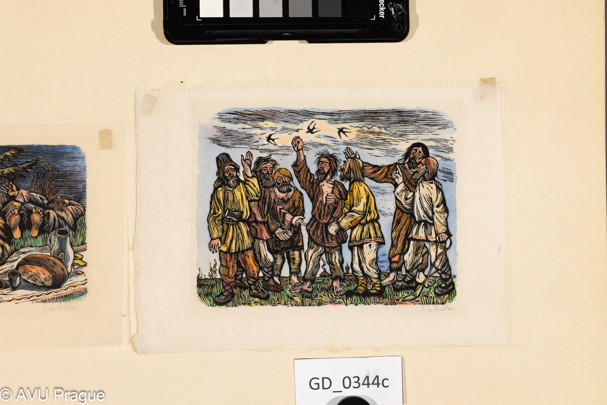 Zděněk Majzner, Ilustrace - lidové motivy, 1954, Dřevoryt /kolorováno, 11 x 14, 13,5 x 19,Puklspolečná pasparta