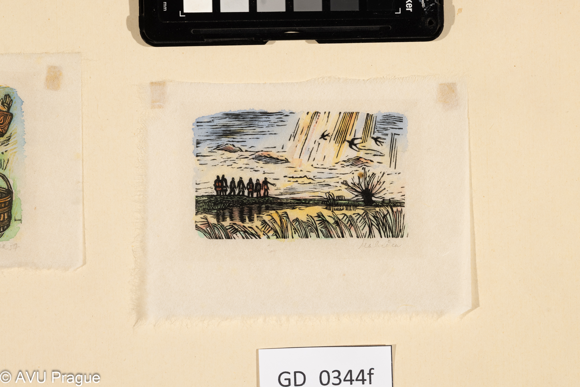 Zděněk Majzner, Ilustrace - lidové motivy, 1954, Dřevoryt /kolorováno, 6,5 x 10, 9,7 x 13,5Puklspolečná pasparta