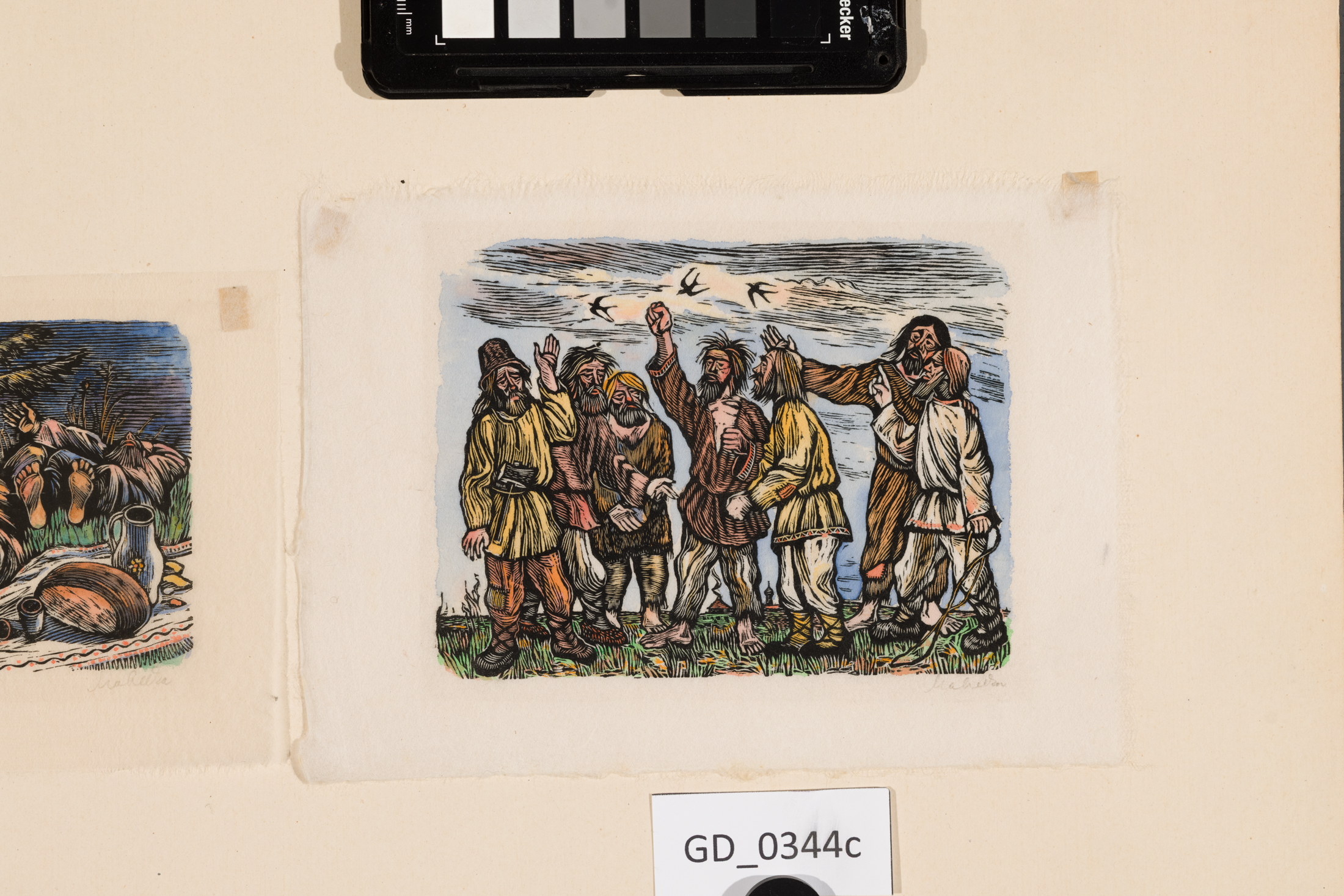 Zděněk Majzner, Ilustrace - lidové motivy, 1954, Dřevoryt /kolorováno, 11 x 14, 13,5 x 19,Puklspolečná pasparta