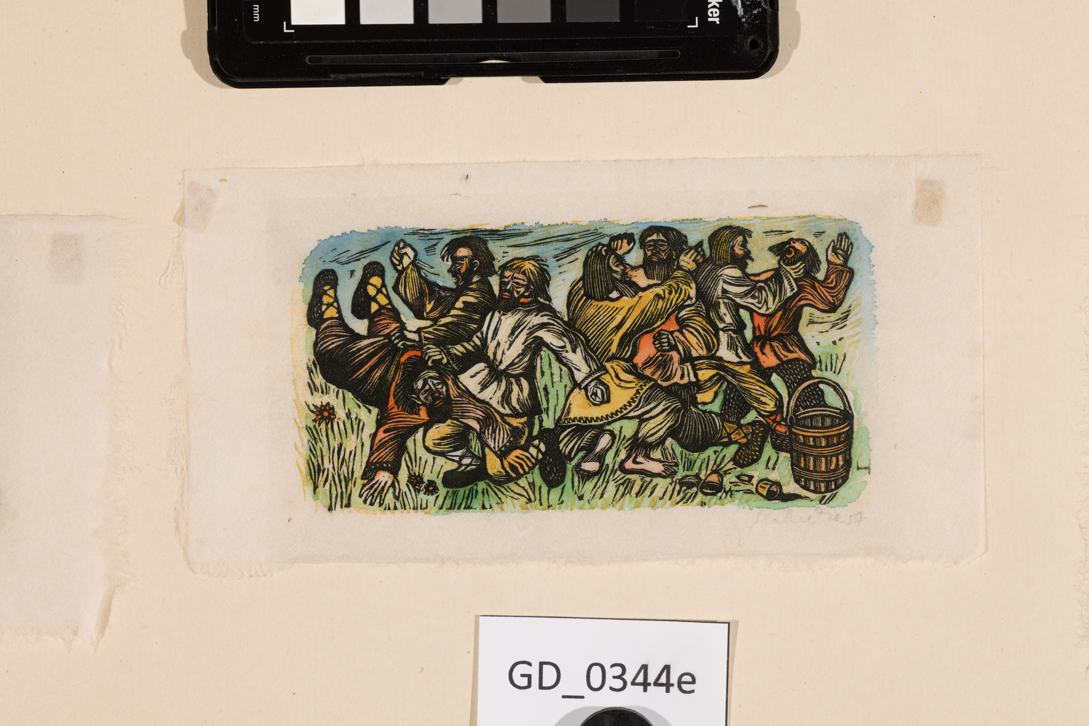Zděněk Majzner, Ilustrace - lidové motivy, 1954, Dřevoryt /kolorováno, 8 x 14, 8,8 x 17,5,Pukl, společná pasparta