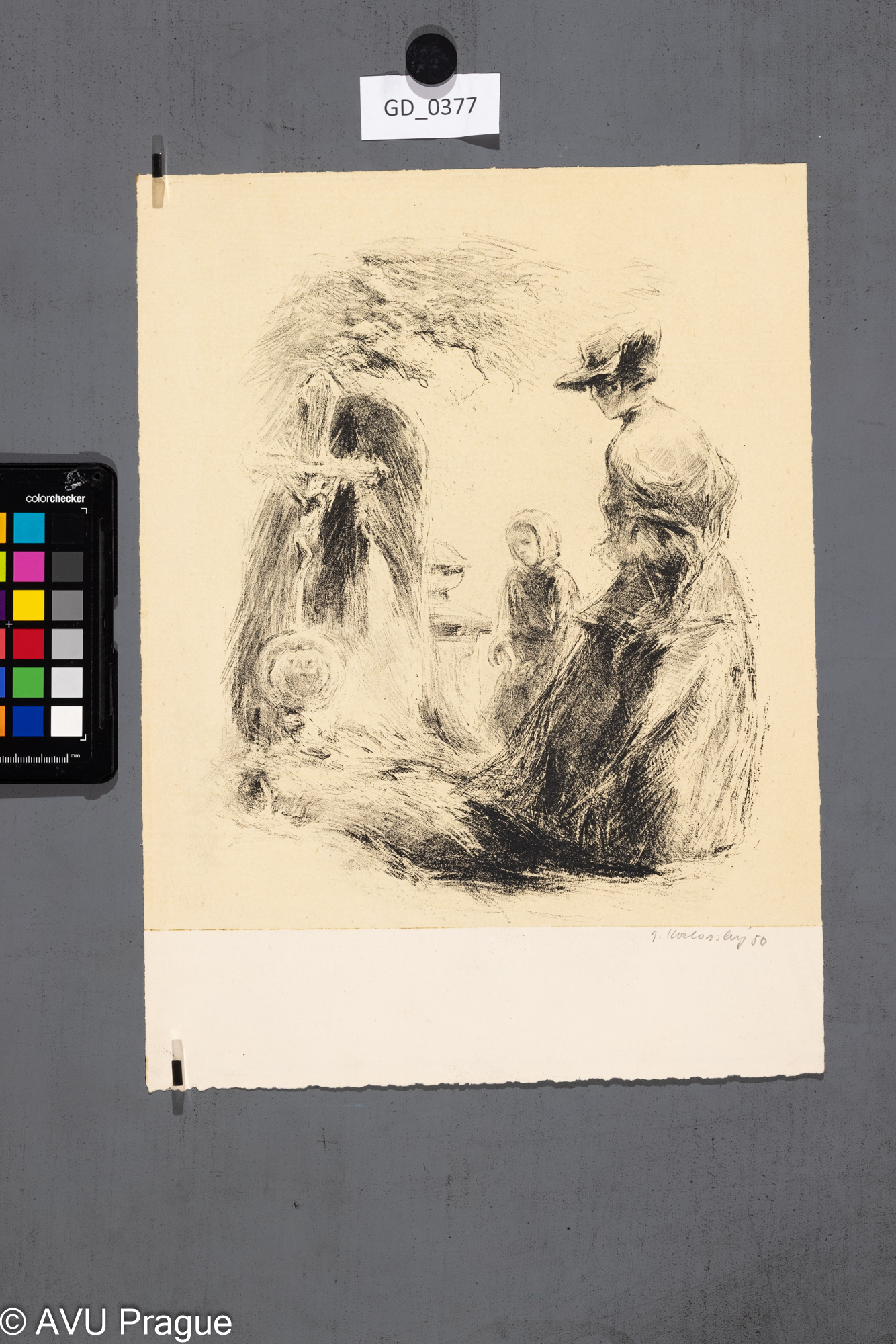 Jiří Kozlovský, U hrobu, 1950,Litografie - podtisk, 29,7 x 26,3,35,5 x 26,3Pukl