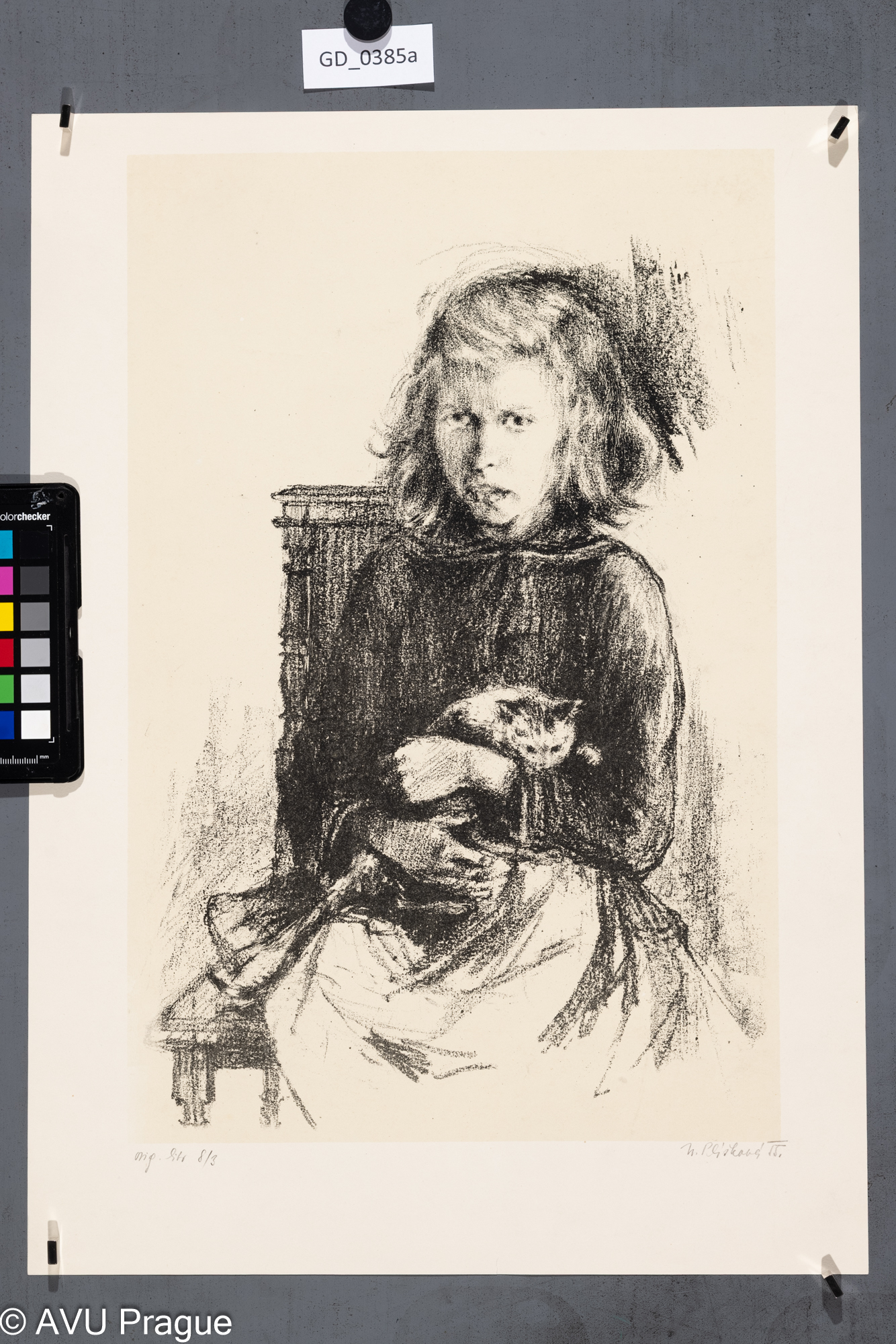 Naděžda Plíšková, Dívka s kočkou, 1955, Litografie - podtisk, 41,4 x 27,3, 48,7 x 35Souček