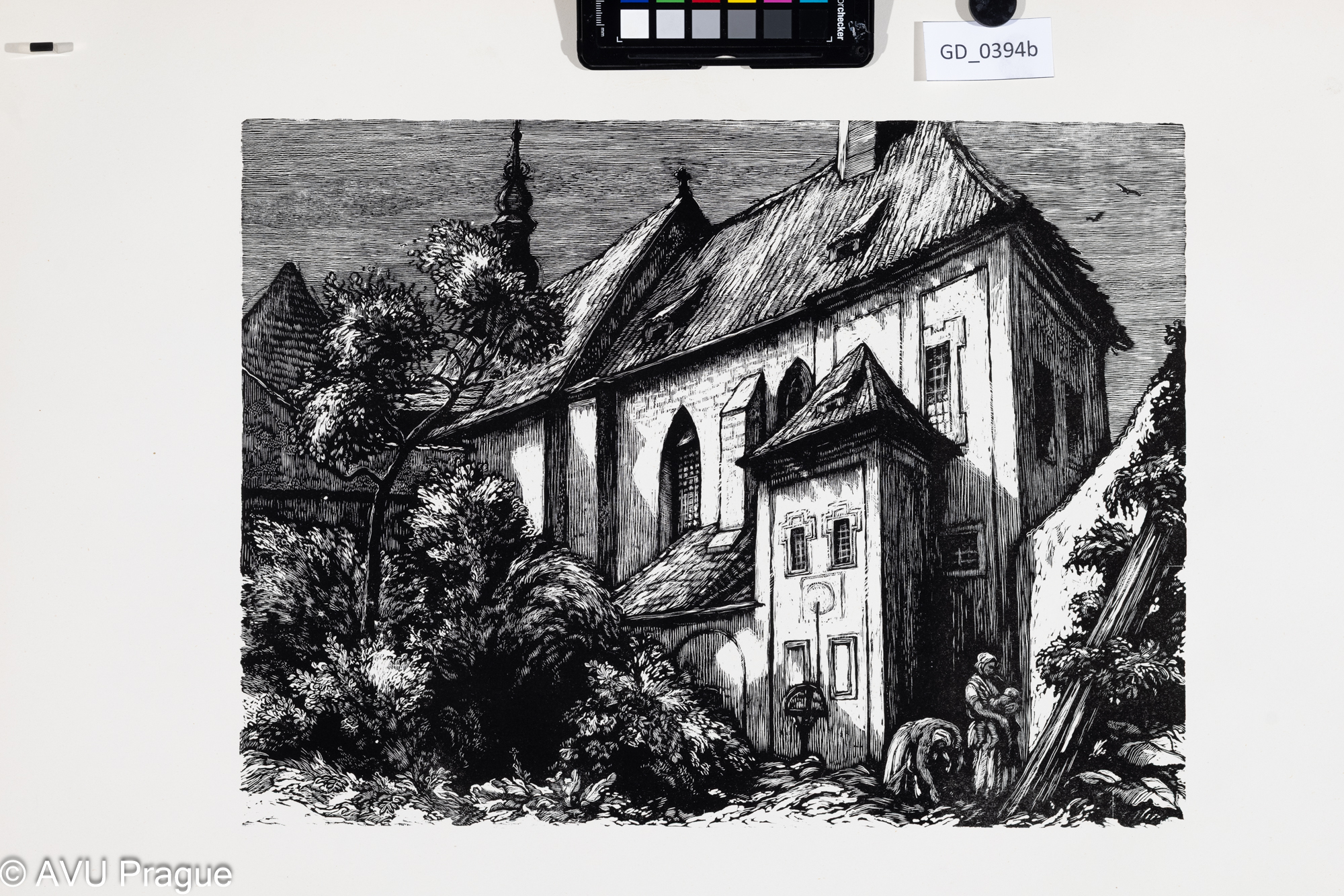 Neurčen, Žánrový výjev s kostelíkem, Dřevoryt, 29 x 40,46,5 x 62,3, Silovský ?